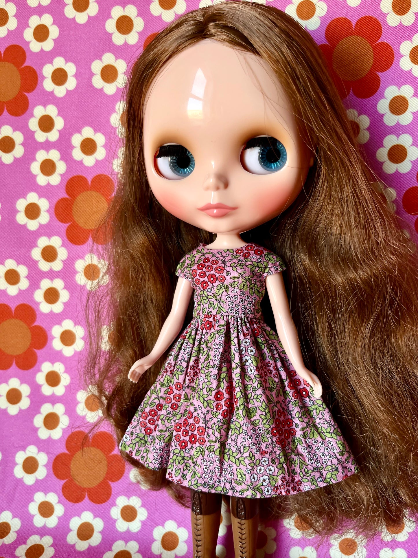 Pink Ditsy Floral Valentine Cap Sleeve Dress for Blythe Doll
