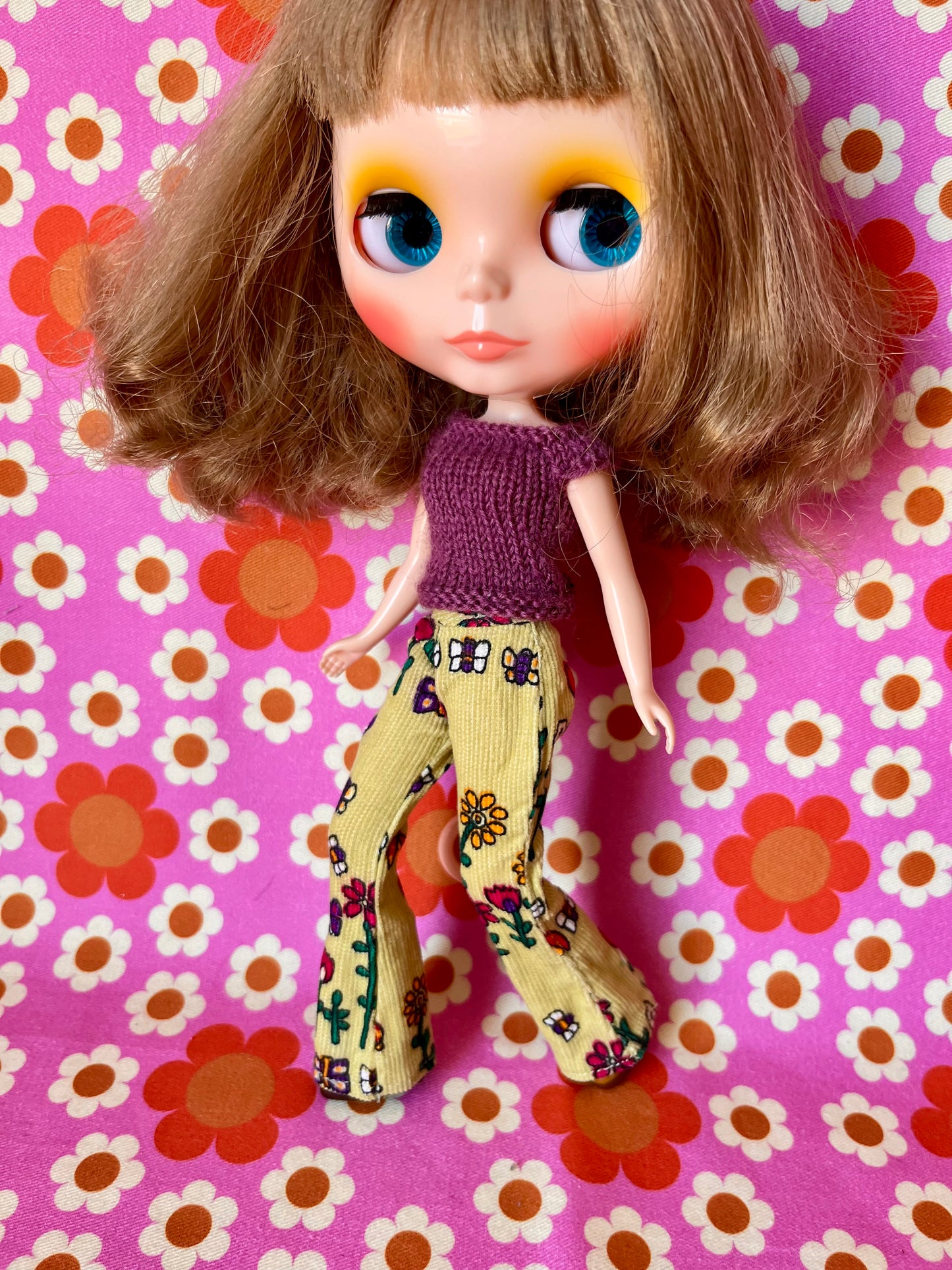 Cute Green Vintage Floral Flared Jeans Corduroy Trousers for Blythe Doll