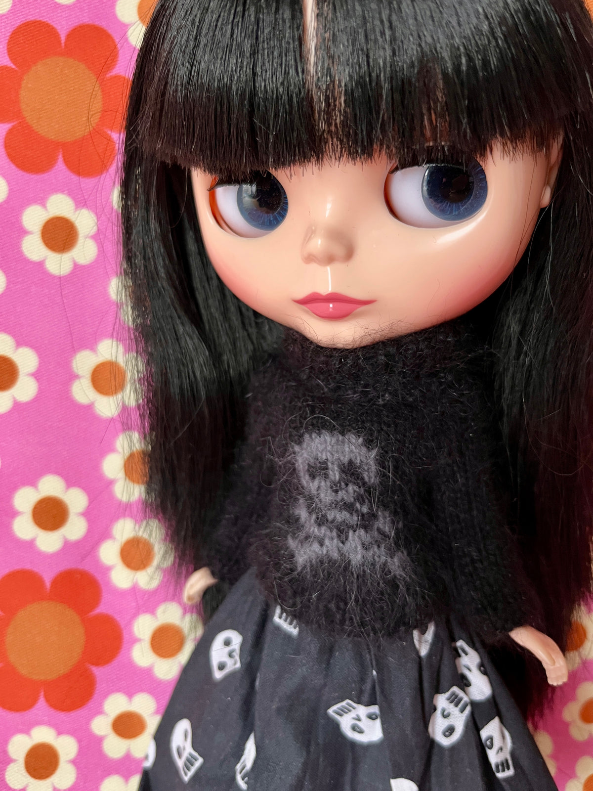 Halloween Fluffy Black Sweater Grey Skull