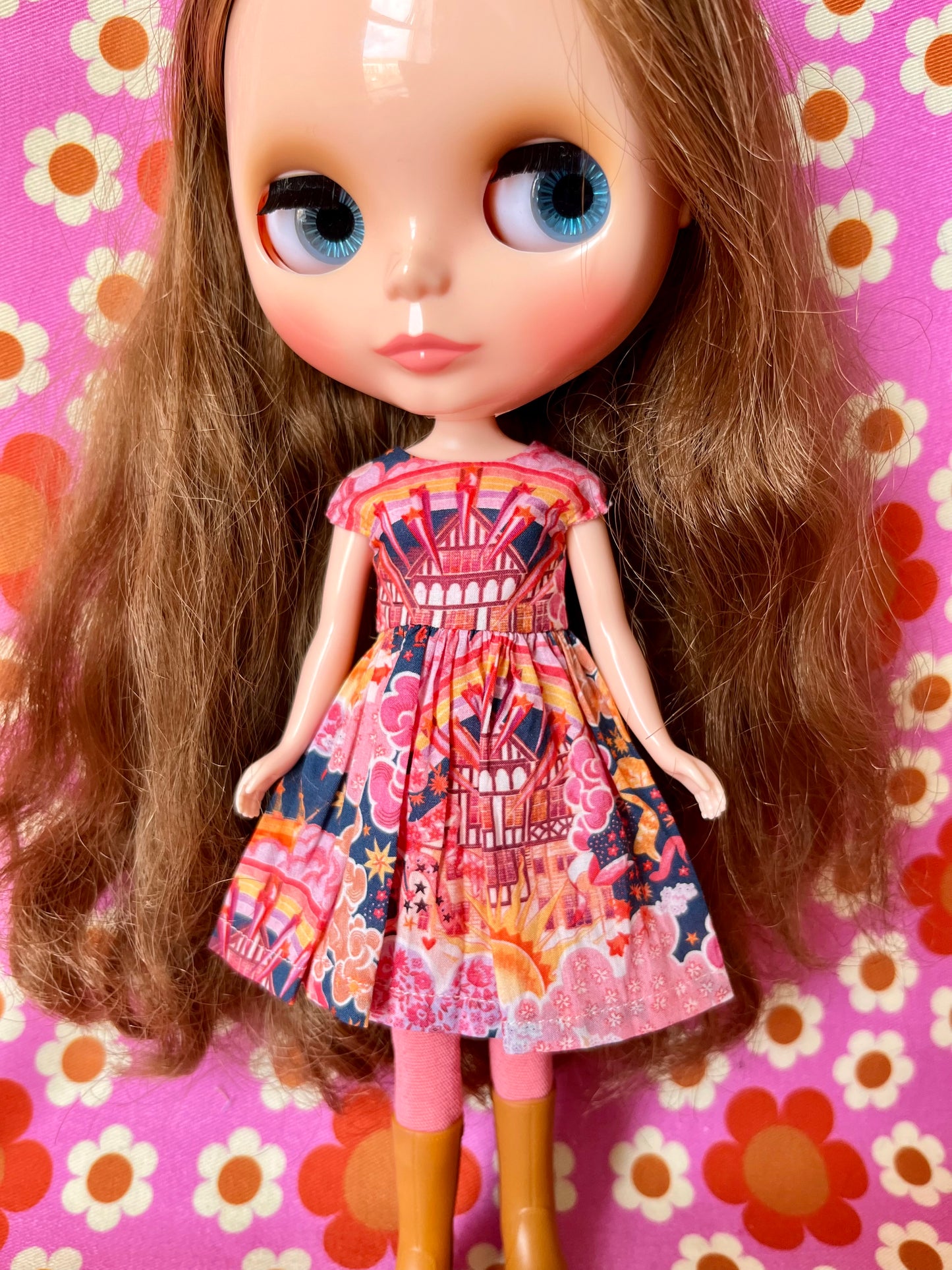 Pink Liberty Cap Sleeve Dress & Knitted Cardigan for Blythe Doll