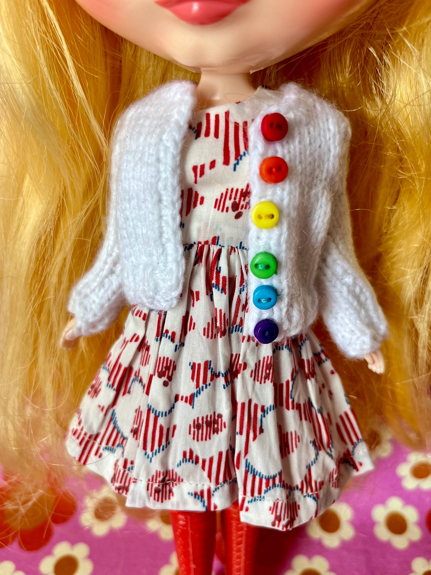 White Liberty Cap Sleeve Dress & Knitted Cardigan for Blythe Doll