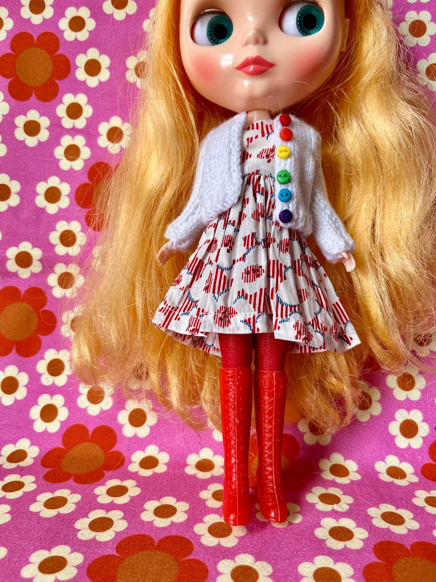 White Liberty Cap Sleeve Dress & Knitted Cardigan for Blythe Doll