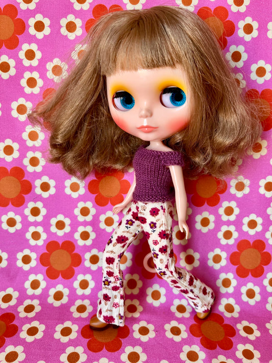 Cream Floral Flared Jeans Corduroy Trousers for Blythe Doll