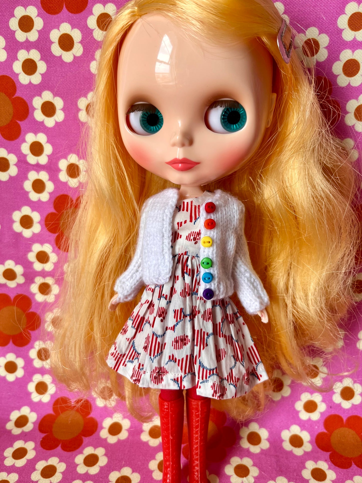 White Liberty Cap Sleeve Dress & Knitted Cardigan for Blythe Doll