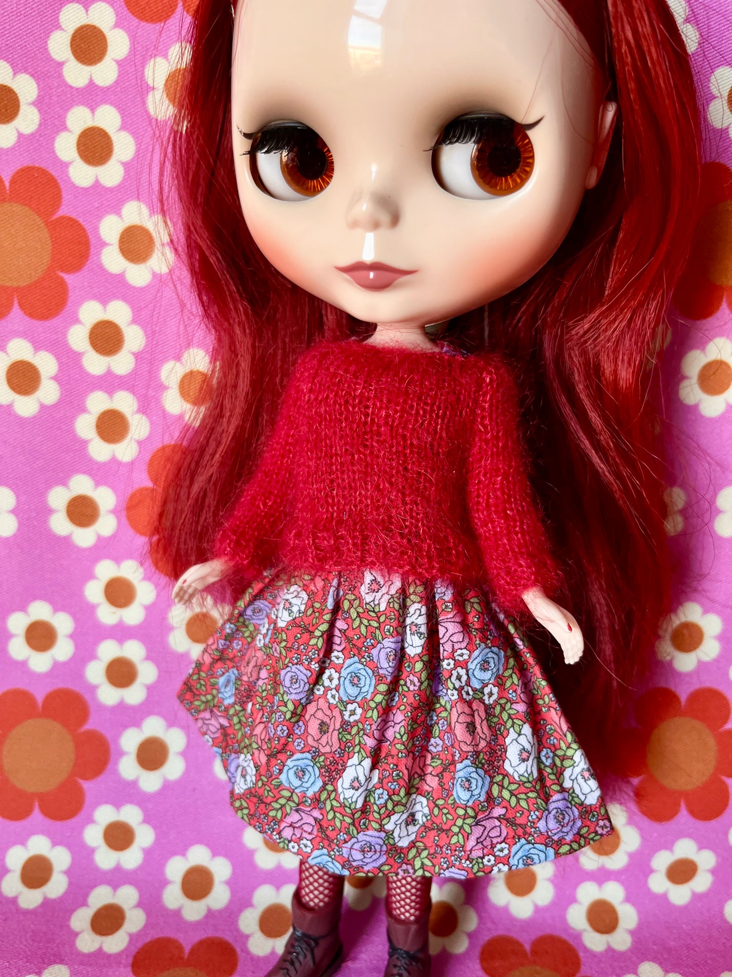 Red Ditsy Print Dress & Reversible Mohair Cardigan for Blythe Doll