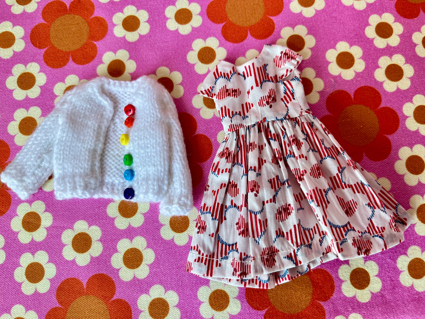 White Liberty Cap Sleeve Dress & Knitted Cardigan for Blythe Doll