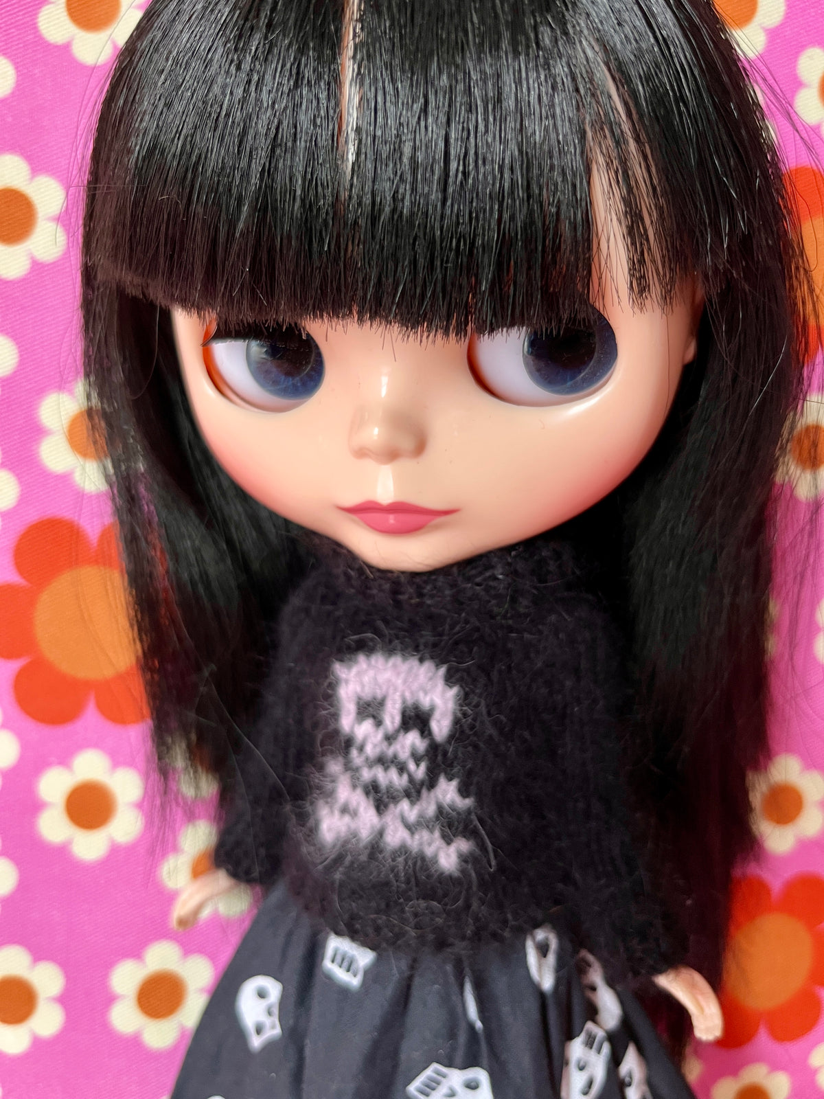 Halloween Fluffy Black Sweater Pink Skull