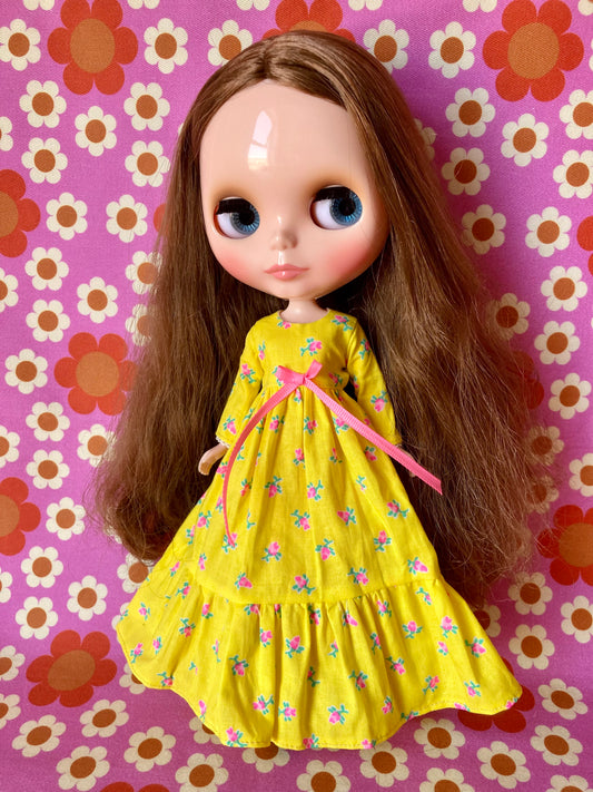 Yellow Long Neon Rosebud Print Dress for Blythe Doll