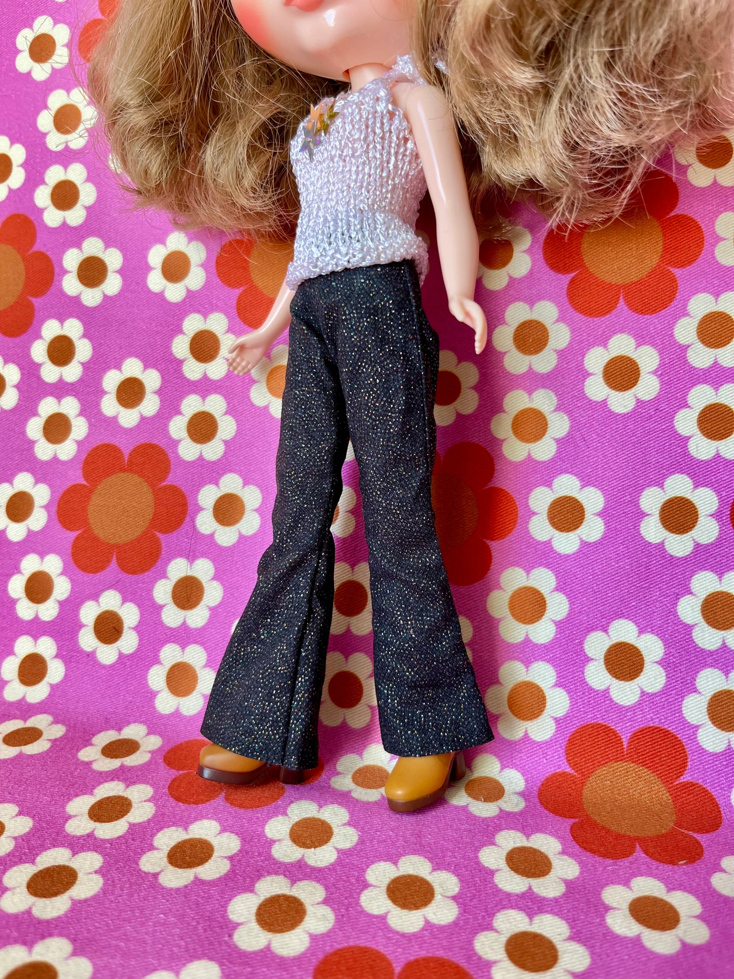 Black Glitter Sparkle Flared Jeans Trousers for Blythe Doll Limited!
