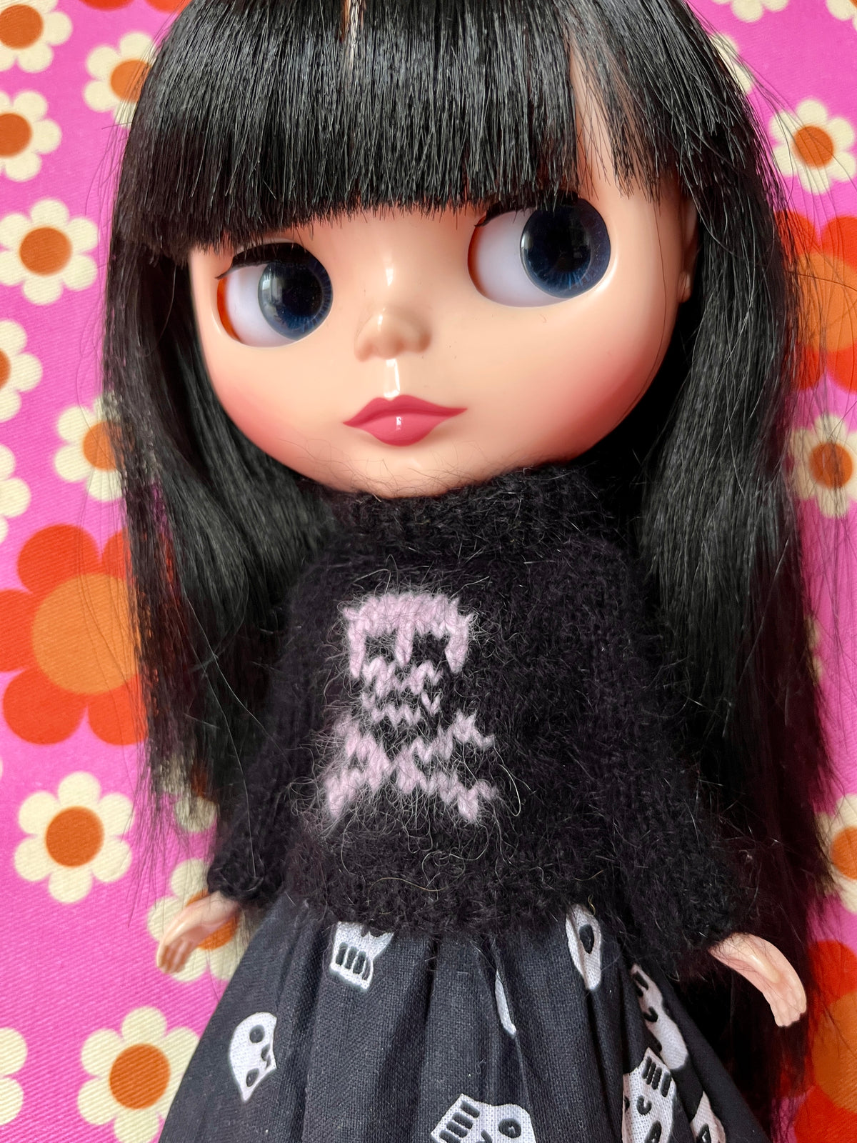 Halloween Fluffy Black Sweater Pink Skull