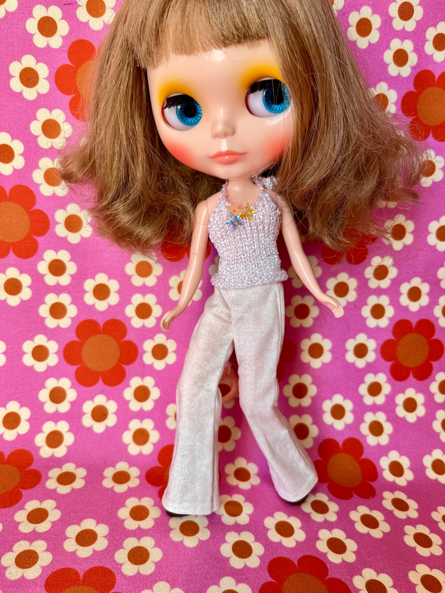 Cream Glitter Sparkle Flared Jeans Trousers for Blythe Doll Limited!