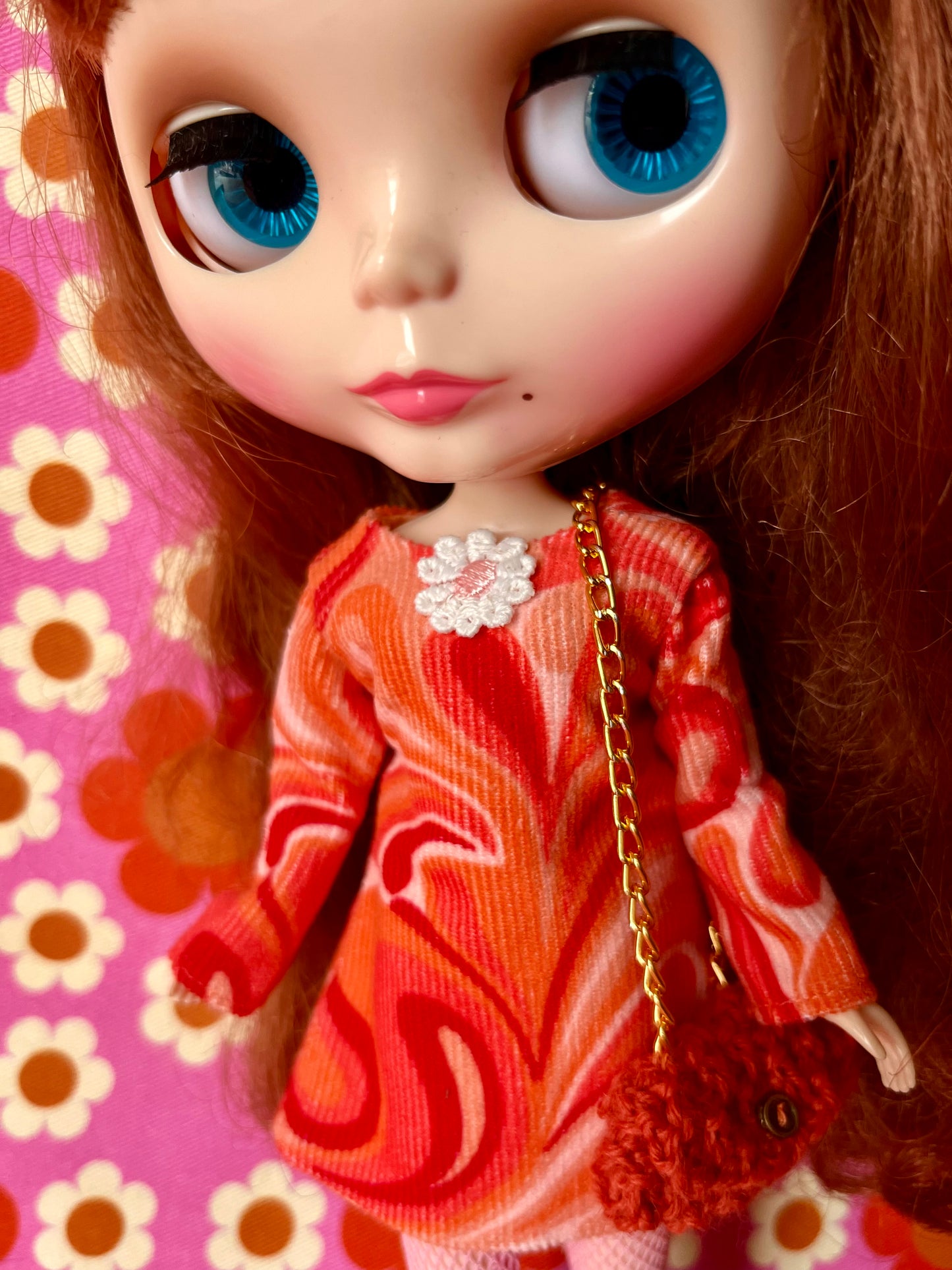 Psychedelic Corduroy Shift dress with sleeves & Bag which opens