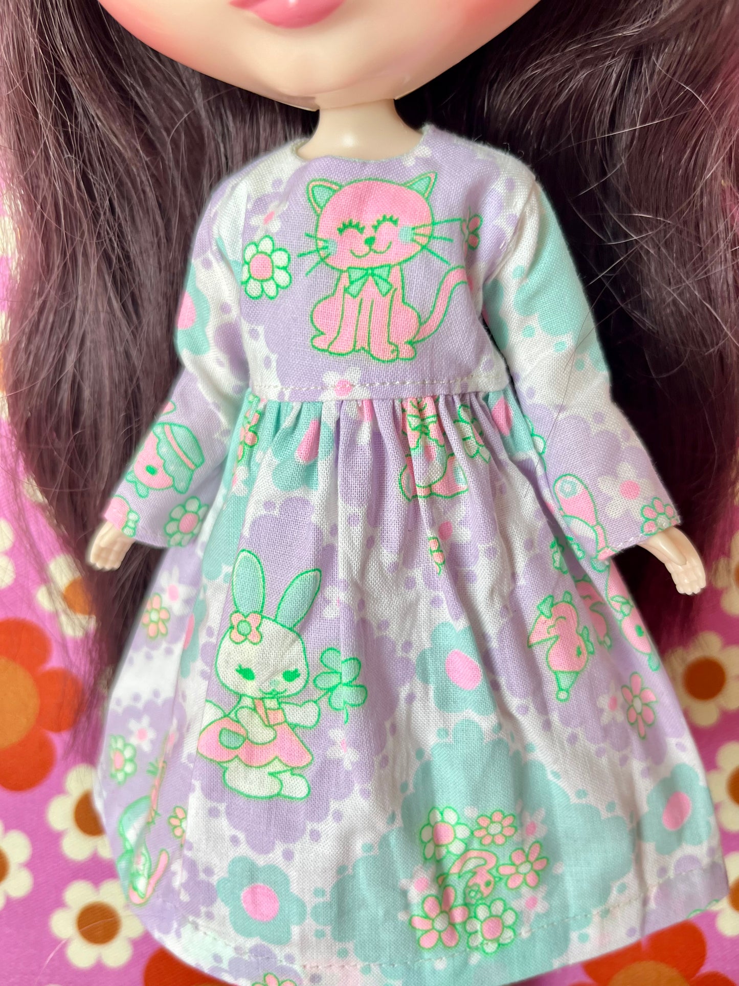 Lilac  Neon Cat Long Sleeve Dress for Blythe Doll
