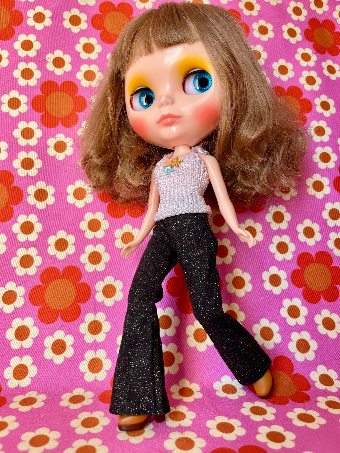 Black Glitter Sparkle Flared Jeans Trousers for Blythe Doll Limited!