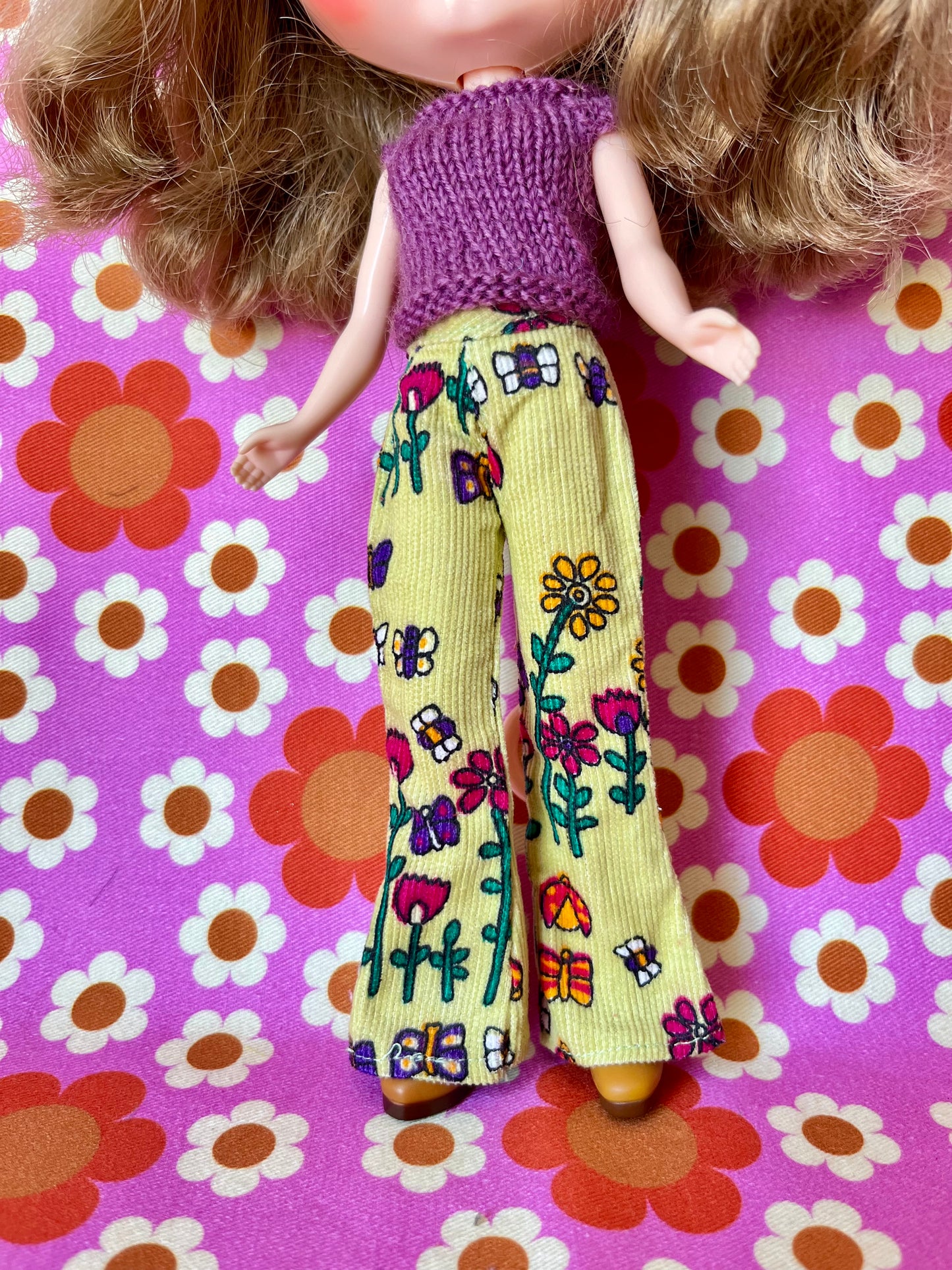 Cute Green Vintage Floral Flared Jeans Corduroy Trousers for Blythe Doll