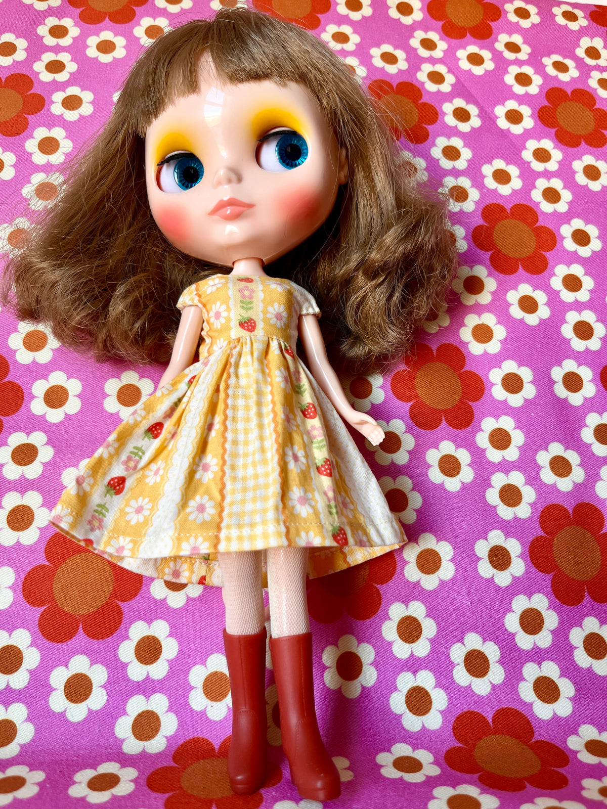 Yellow Strawberry Stripe Summer Cap Sleeve Dress for Blythe Doll