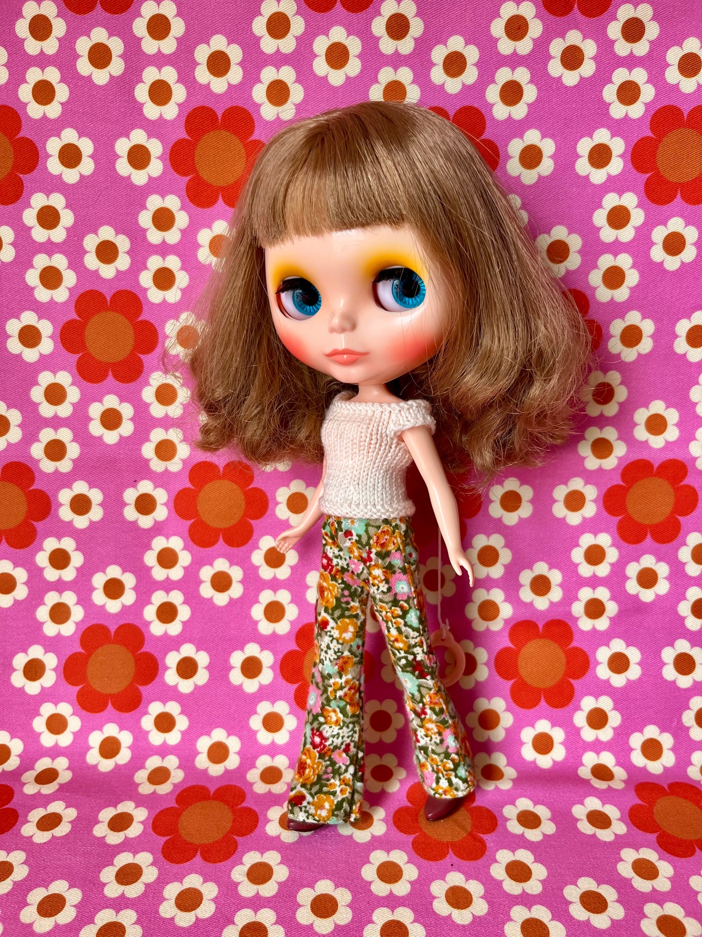 Green floral Flared Jeans Brushed Cotton Trousers for Blythe Doll