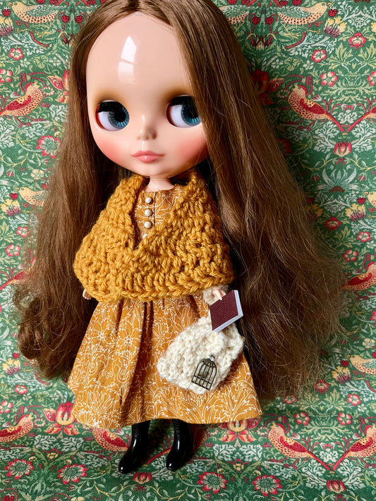 Brontë Sisters Inspired Dress with Shawl, bag & miniature book for Blythe Doll