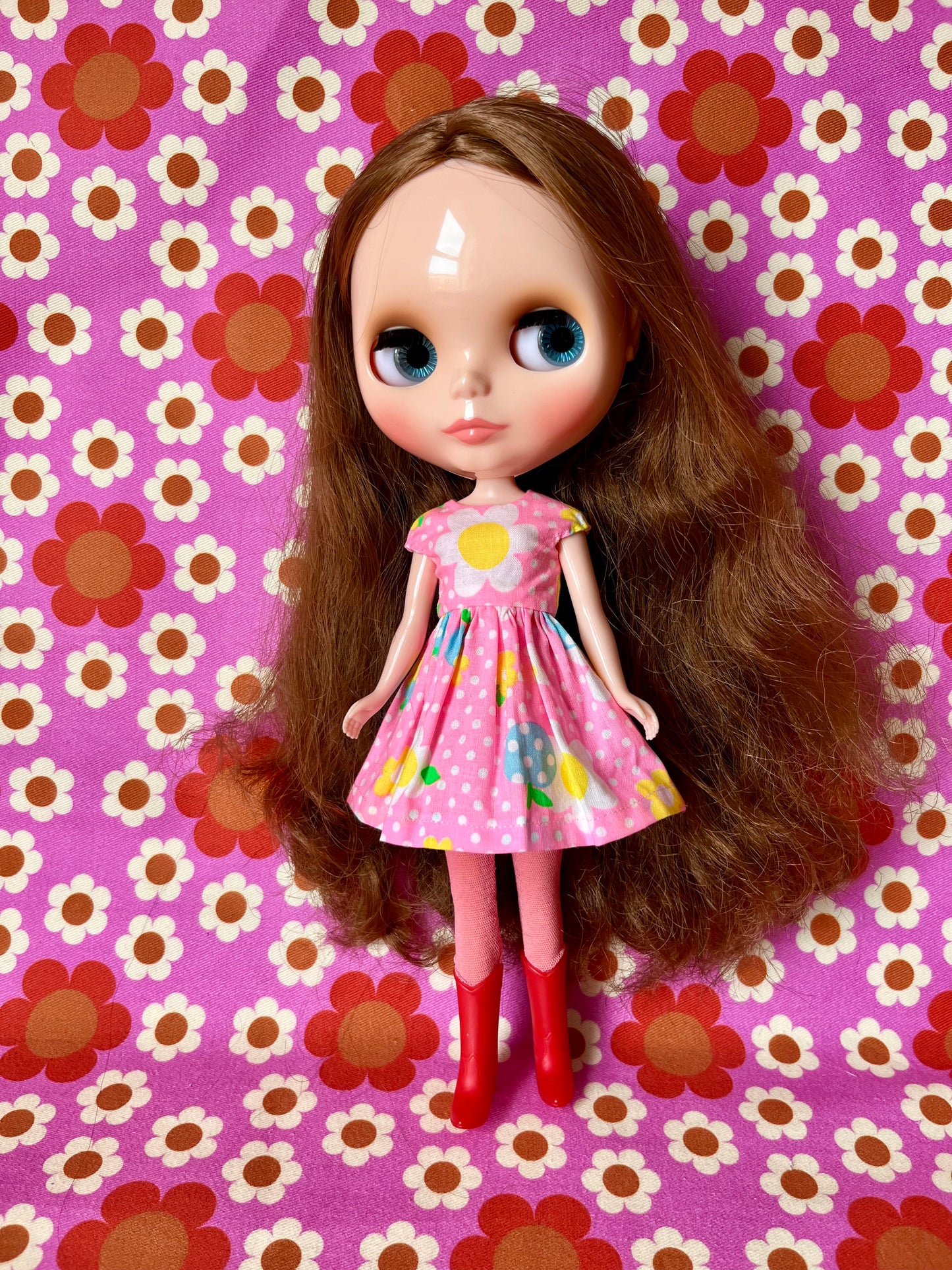 Pink Neon Daisy Cap Sleeve Dress for Blythe Doll