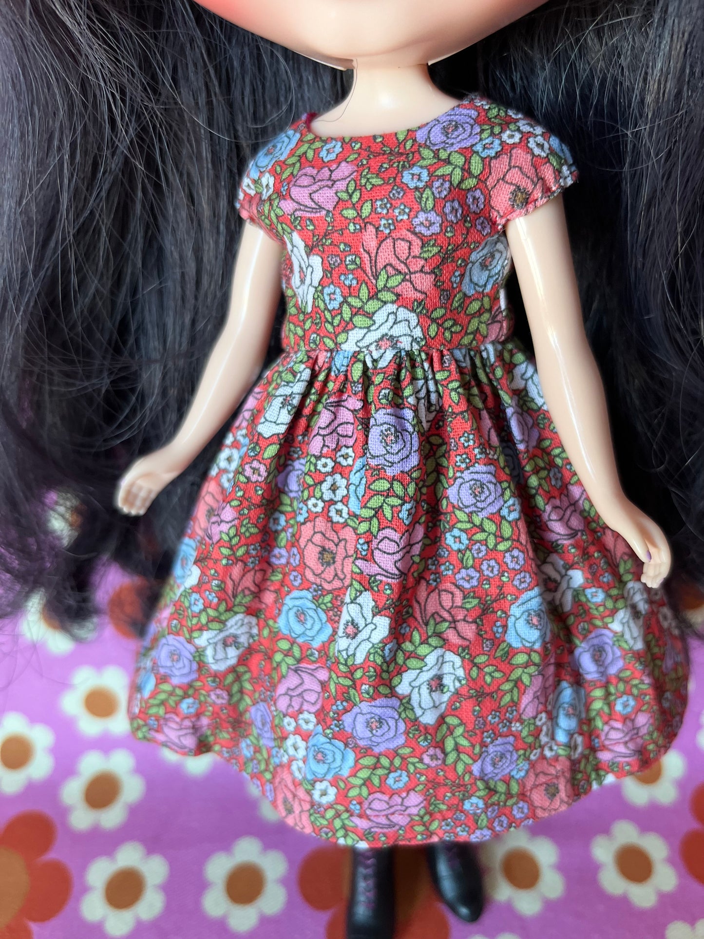 Red Ditsy Floral Valentine Cap Sleeve Dress for Blythe Doll