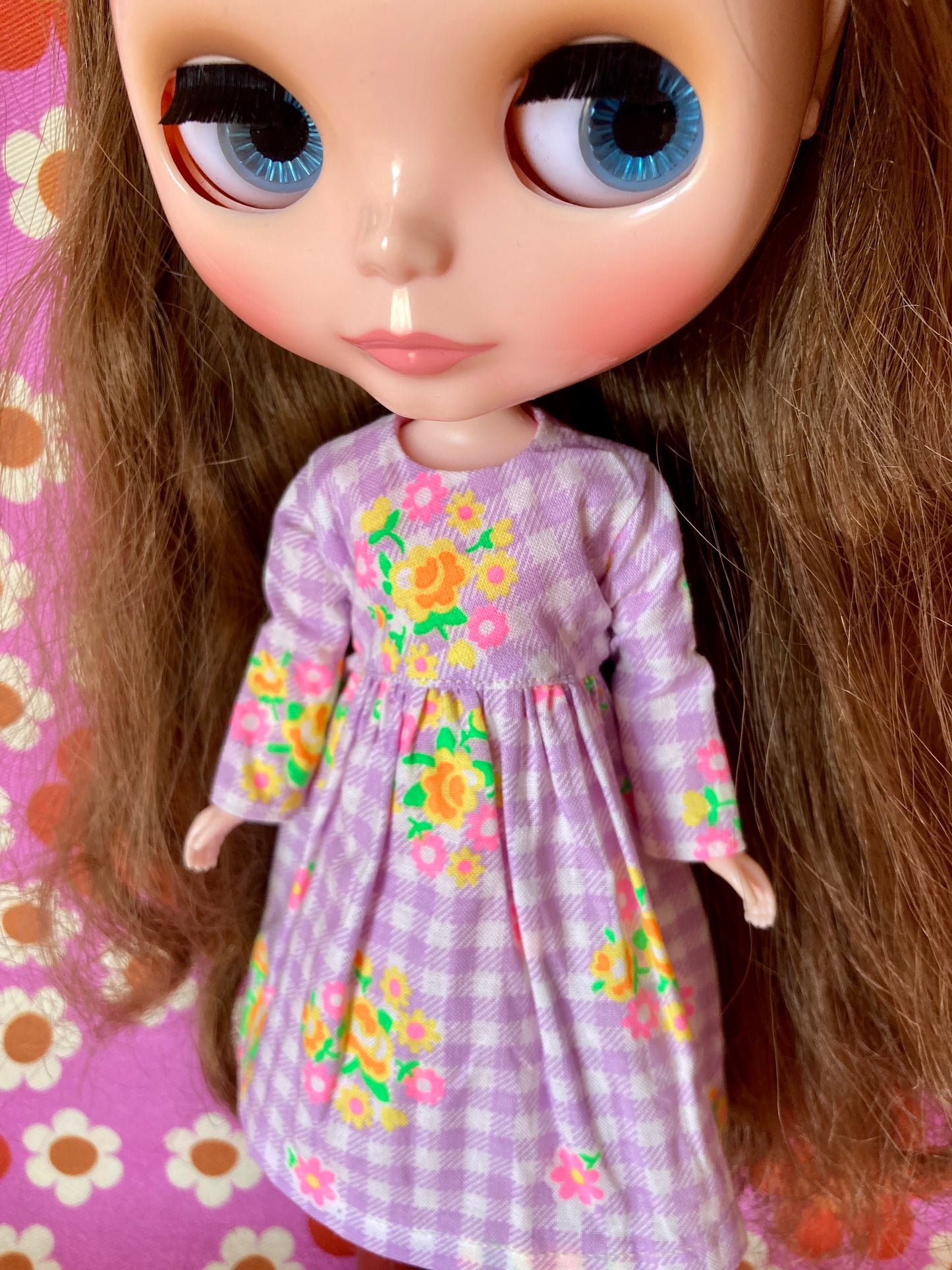Purple Gingham Long Sleeve Dress for Blythe Doll