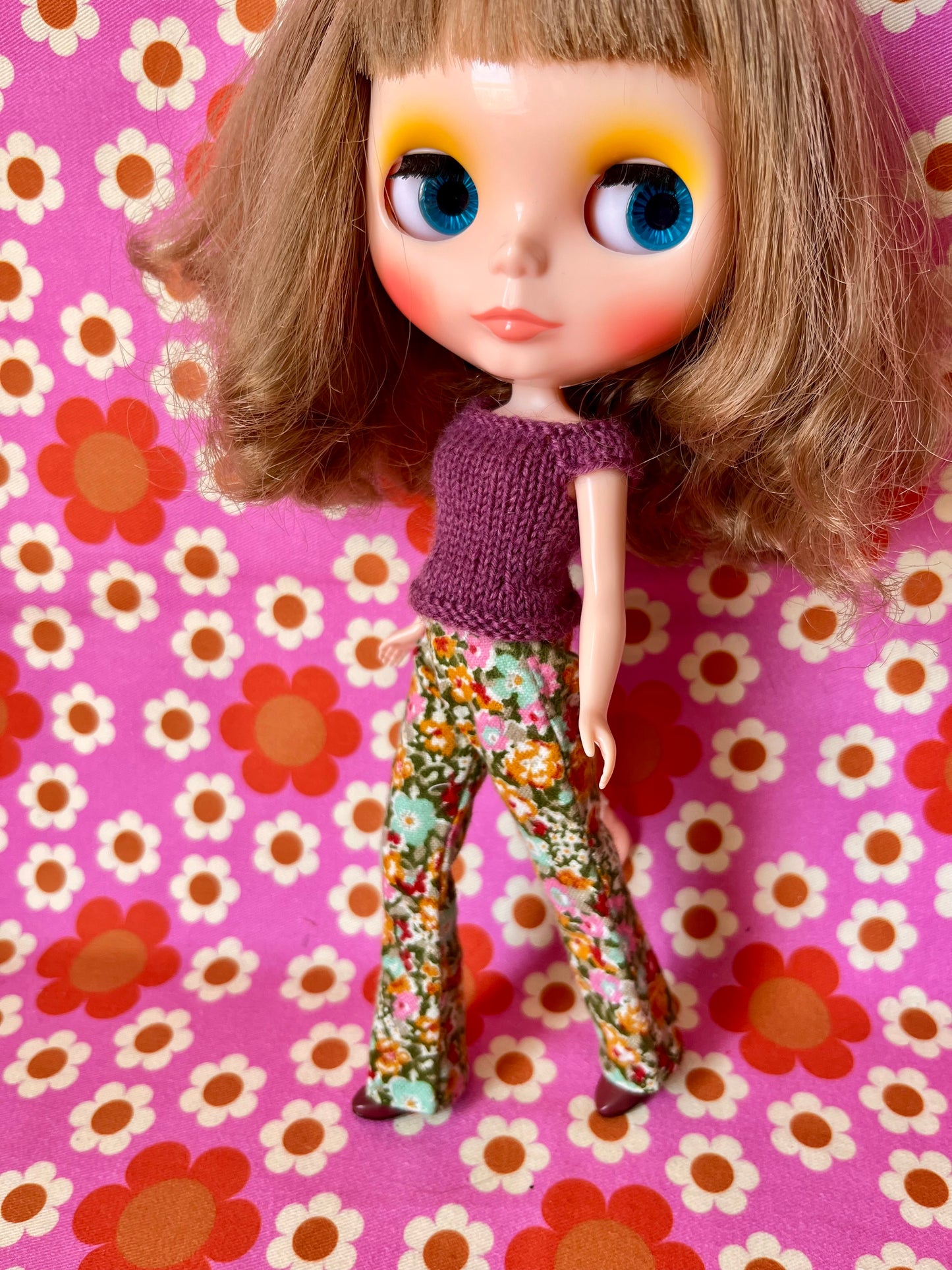 Green floral Flared Jeans Brushed Cotton Trousers for Blythe Doll