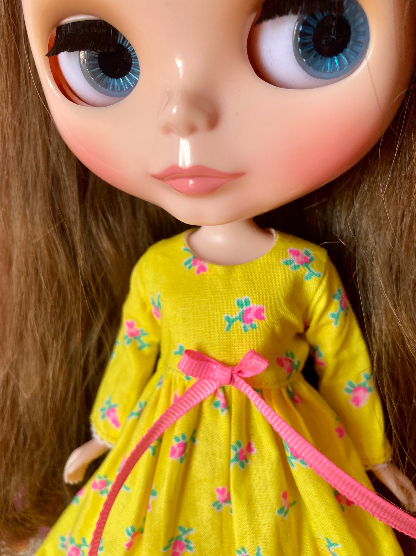 Yellow Long Neon Rosebud Print Dress for Blythe Doll