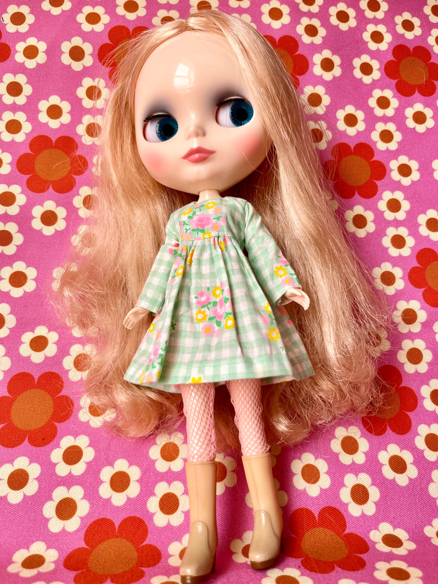 Green Gingham Long Sleeve Dress for Blythe Doll