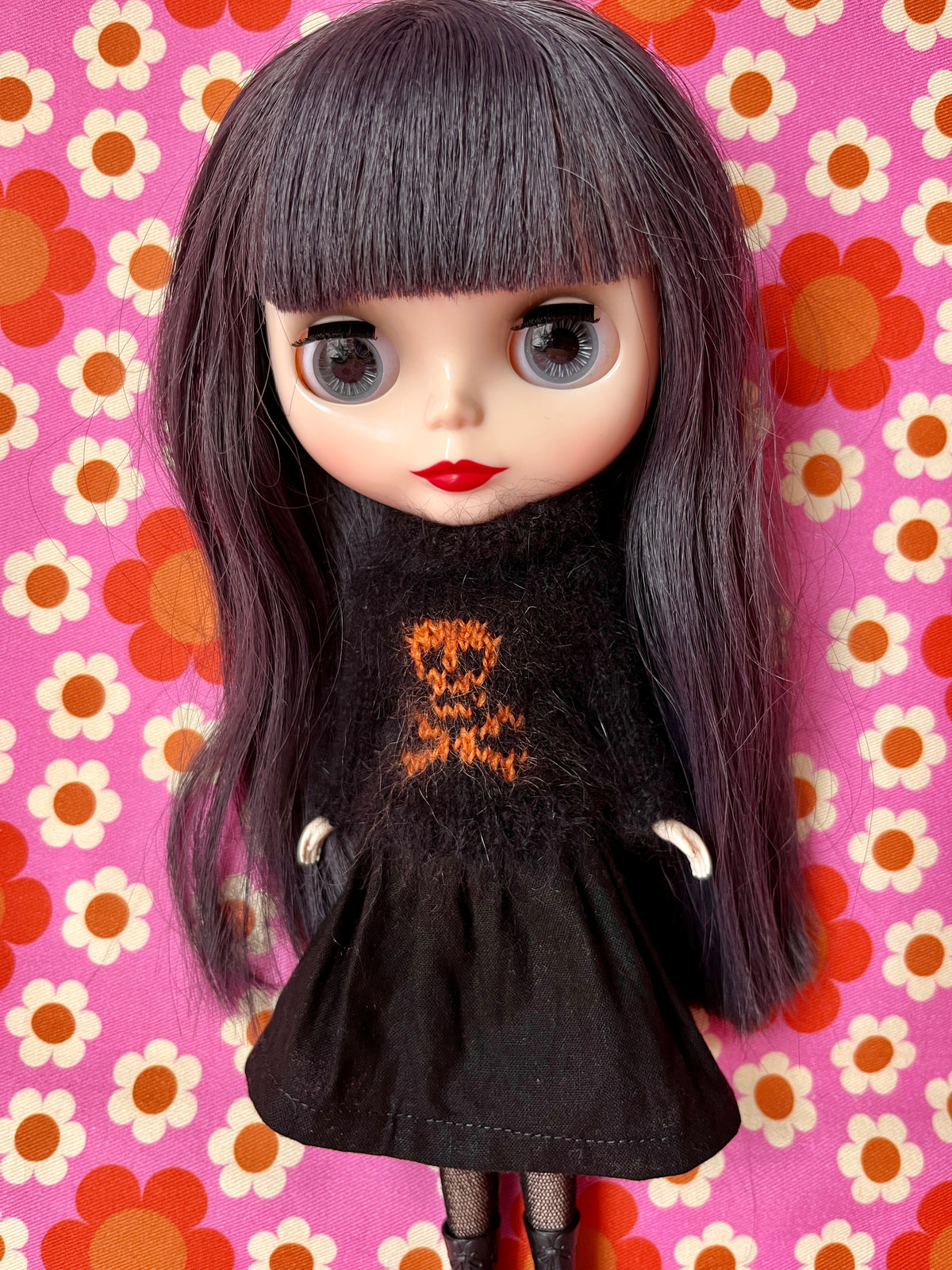 Halloween Fluffy Black Sweater Orange Skull