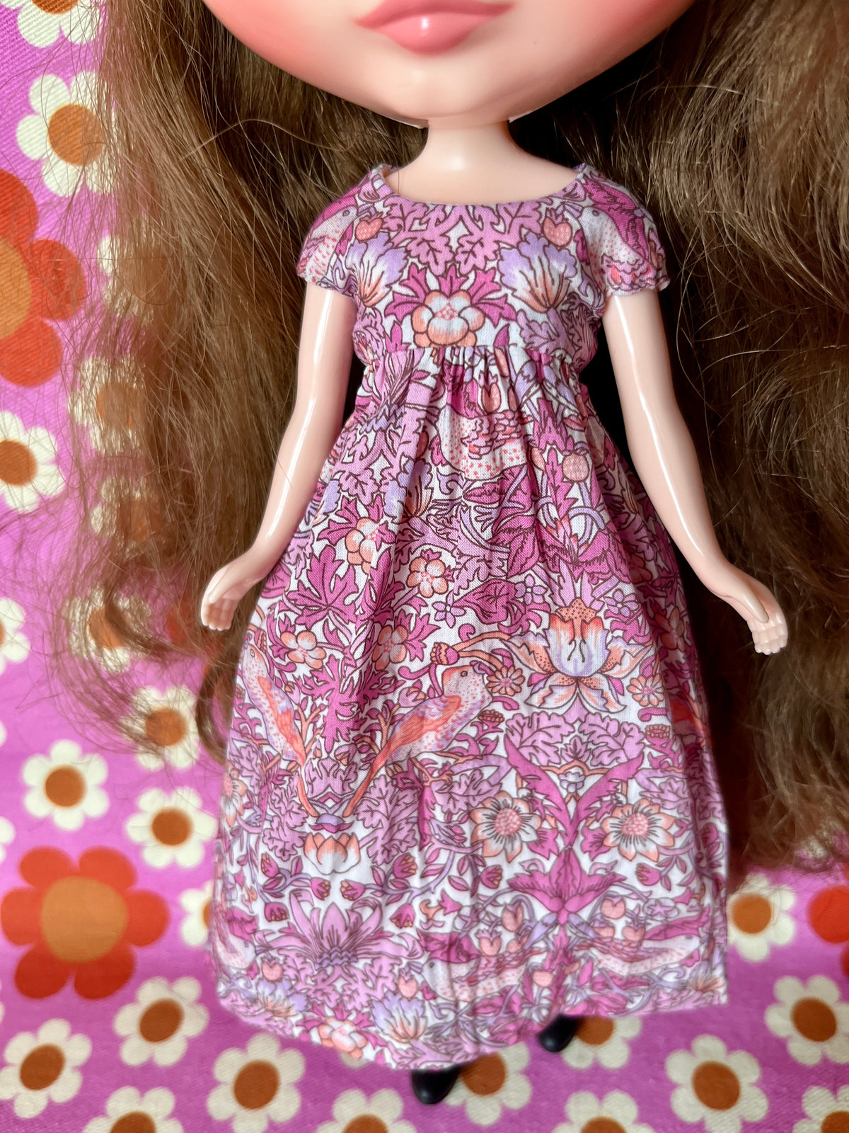 Goth Austen Liberty Regency Dress for Blythe Doll Strawberry Thief Pink