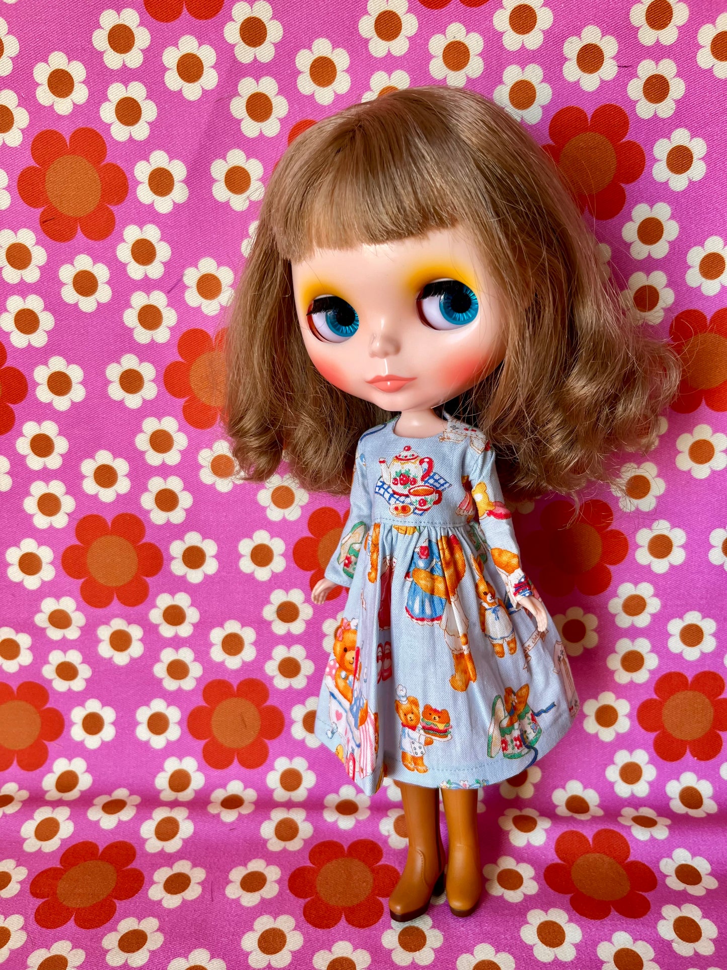 Blue Teddy Picnic Dress for Blythe Doll