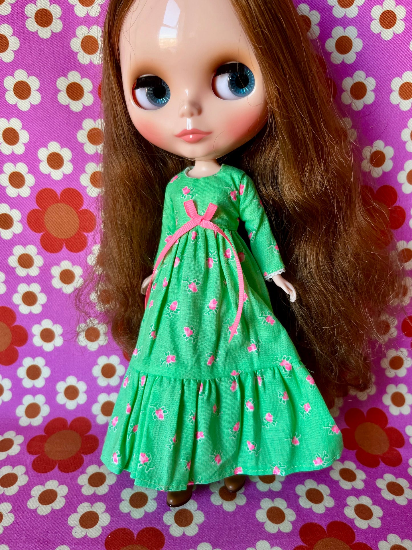 Long Neon Rosebud Print Dress for Blythe Doll