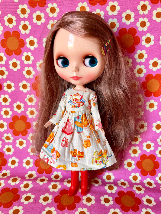 Cream Teddy Picnic Dress for Blythe Doll