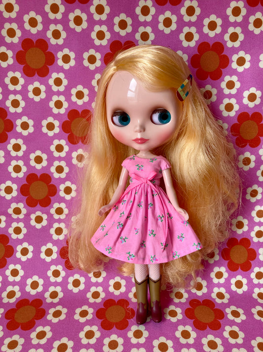 Pink Neon Rosebud Cap Sleeve Dress for Blythe Doll