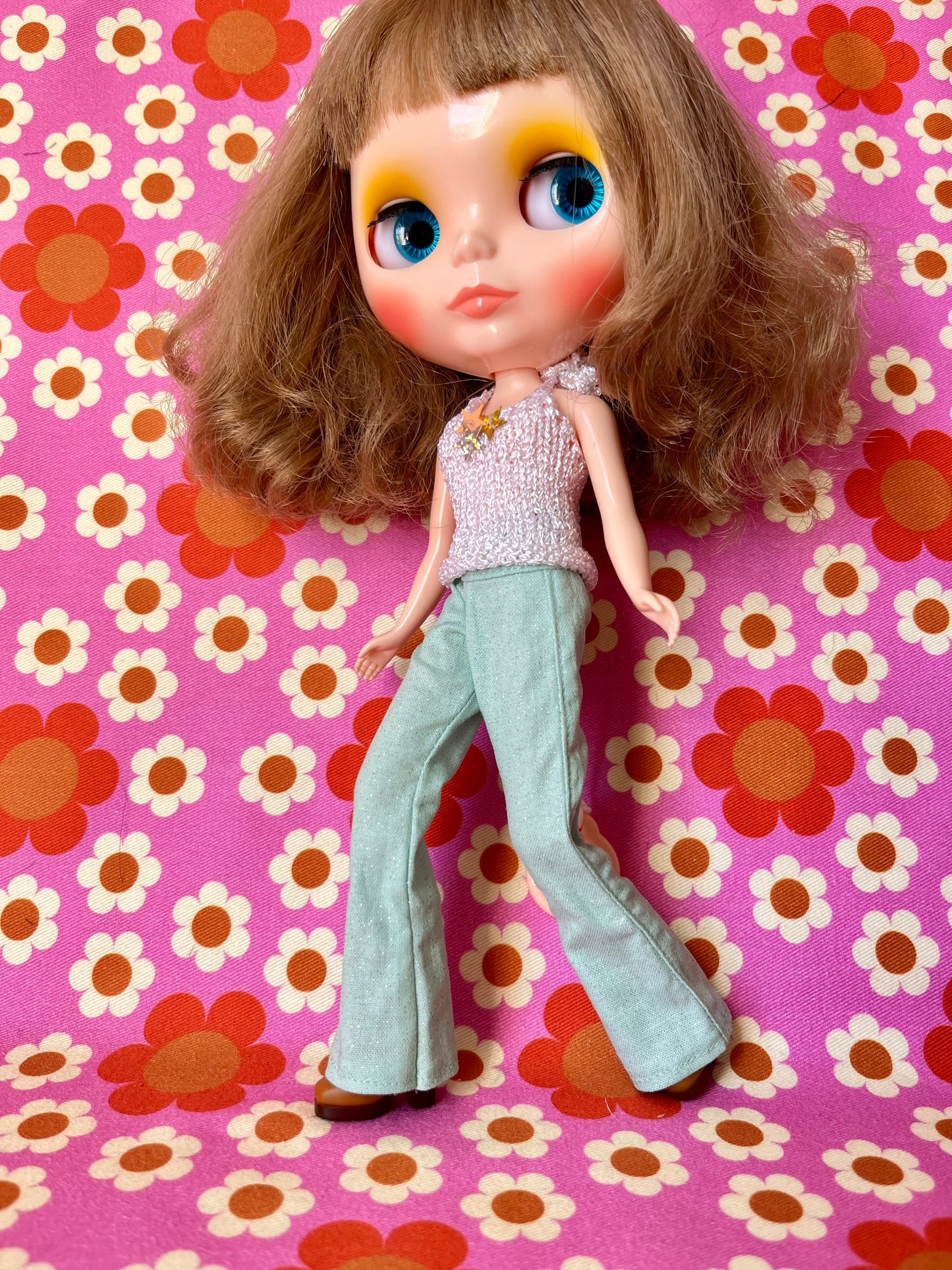 Mint Green Glitter Sparkle Flared Jeans Trousers for Blythe Doll Limited!