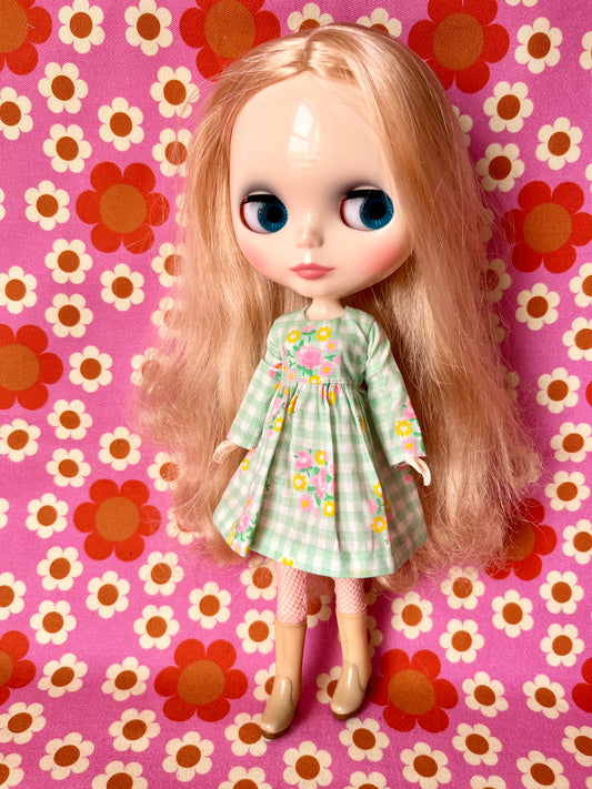 Green Gingham Long Sleeve Dress for Blythe Doll
