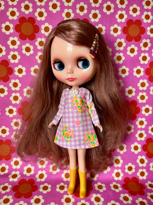 Lilac Neon Gingham Mod Shift dress with sleeves