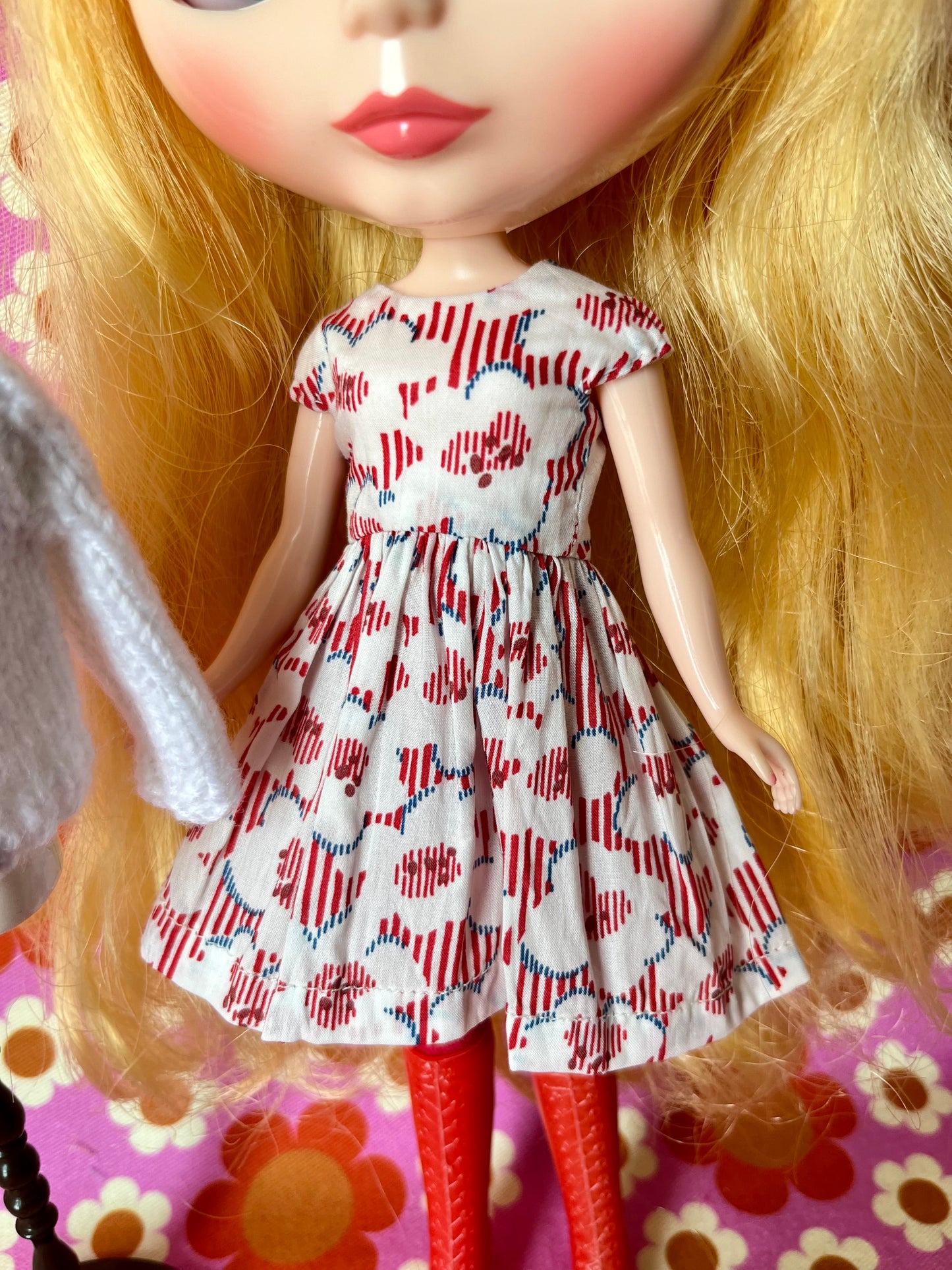 White Liberty Cap Sleeve Dress & Knitted Cardigan for Blythe Doll