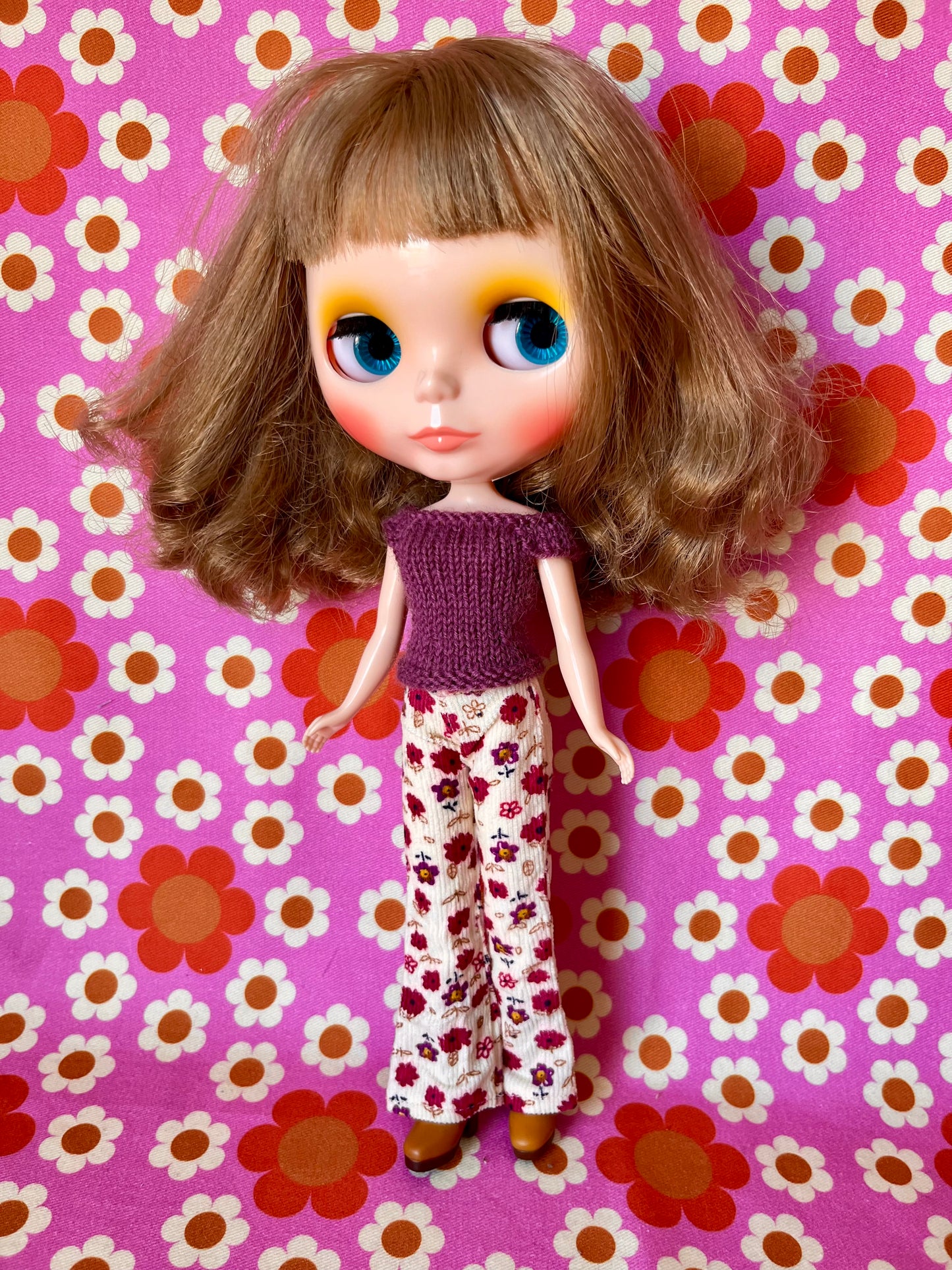 Cream Floral Flared Jeans Corduroy Trousers for Blythe Doll