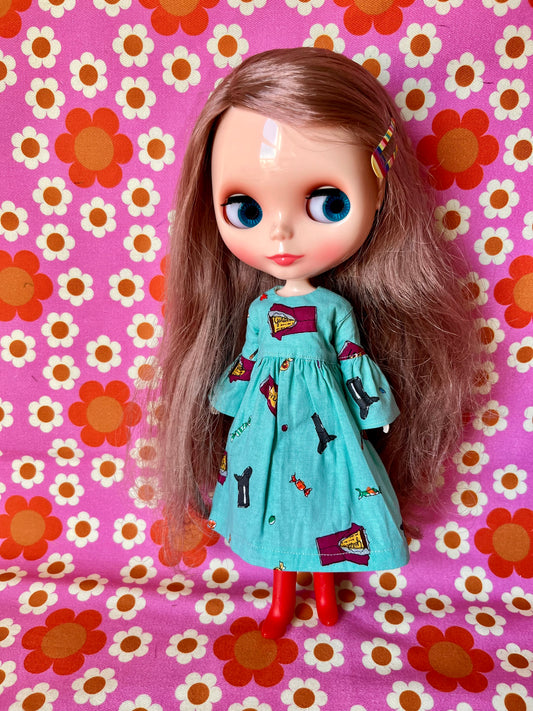 Chocolate Wonka Bar Long Frill Sleeve  dress for Blythe Doll