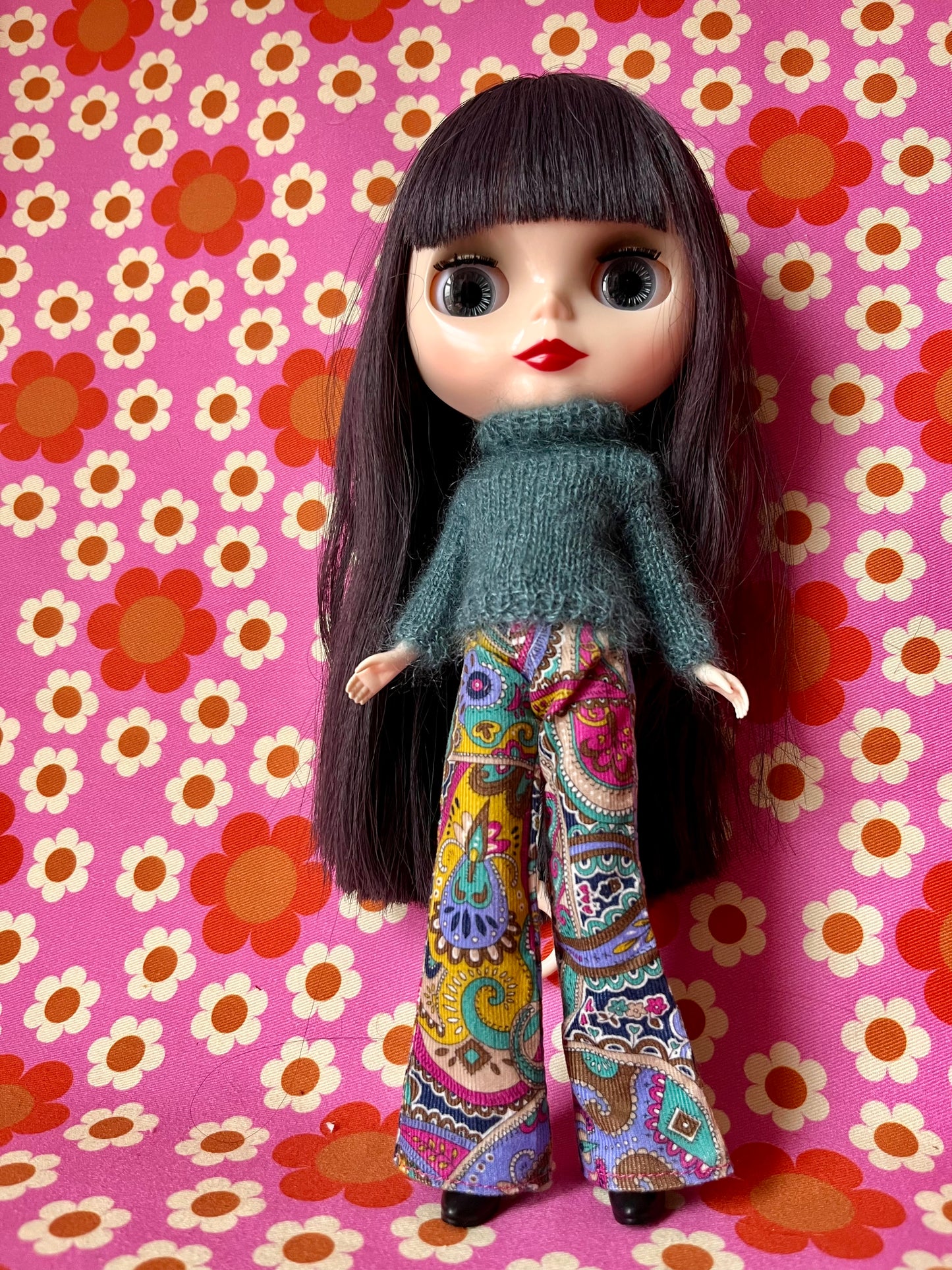 Liberty Corduroy Flared Trousers & Mohair Sweater Set for Blythe Doll