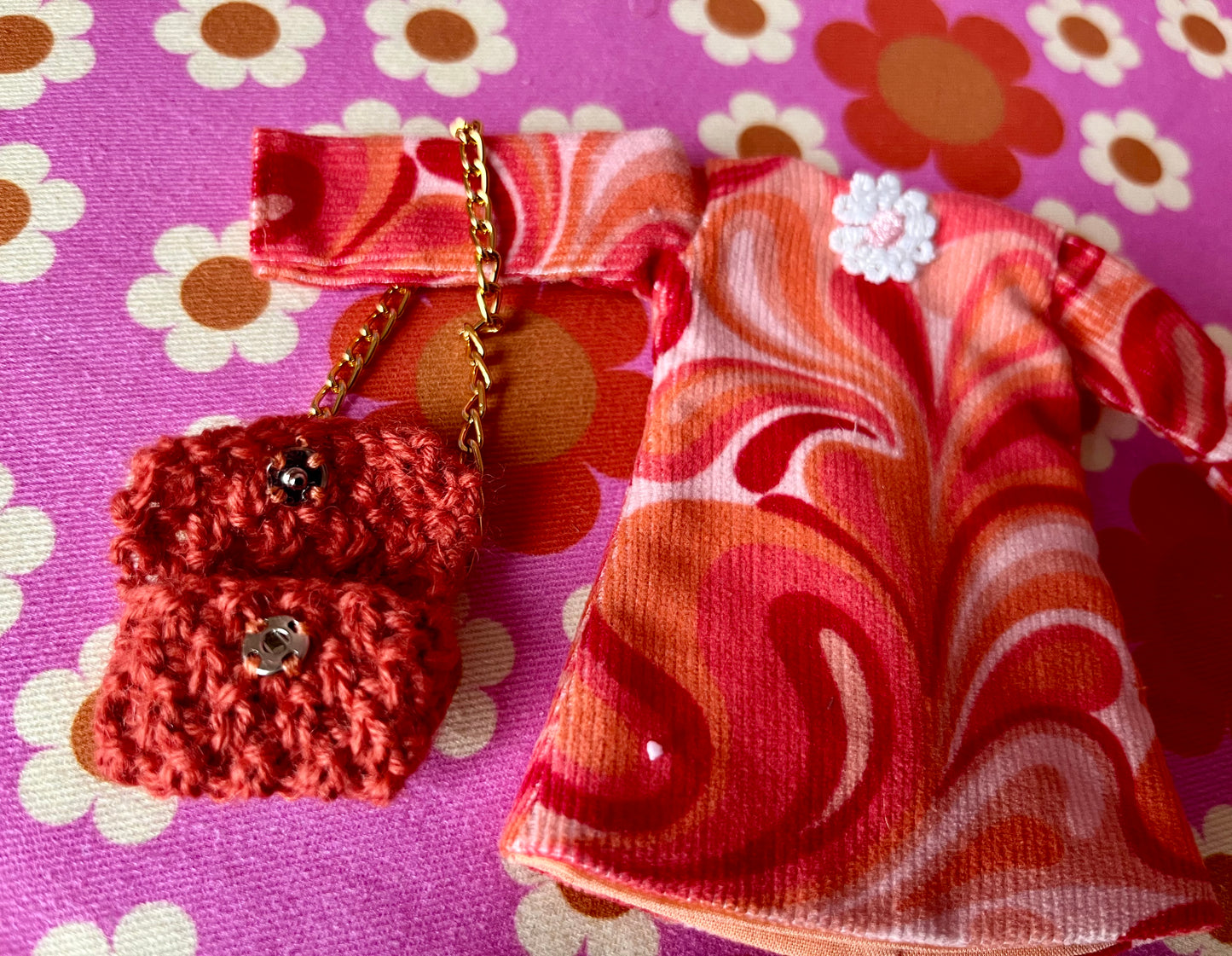 Psychedelic Corduroy Shift dress with sleeves & Bag which opens