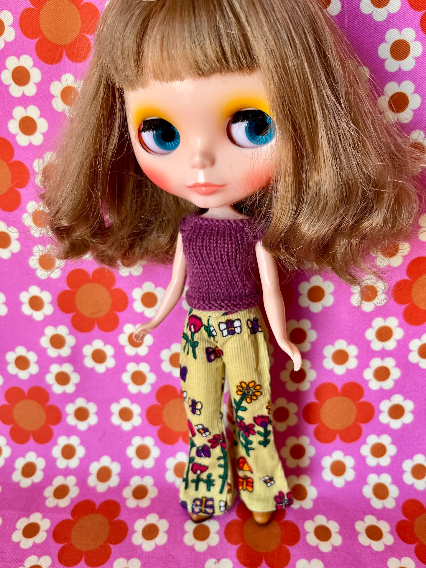 Cute Green Vintage Floral Flared Jeans Corduroy Trousers for Blythe Doll