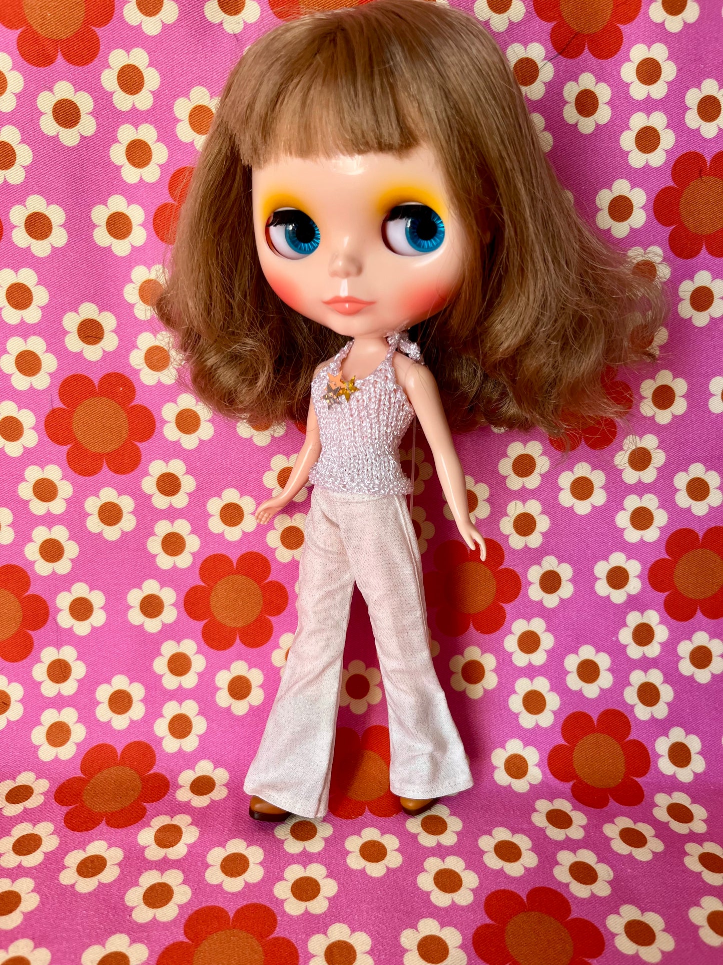 Cream Glitter Sparkle Flared Jeans Trousers for Blythe Doll Limited!