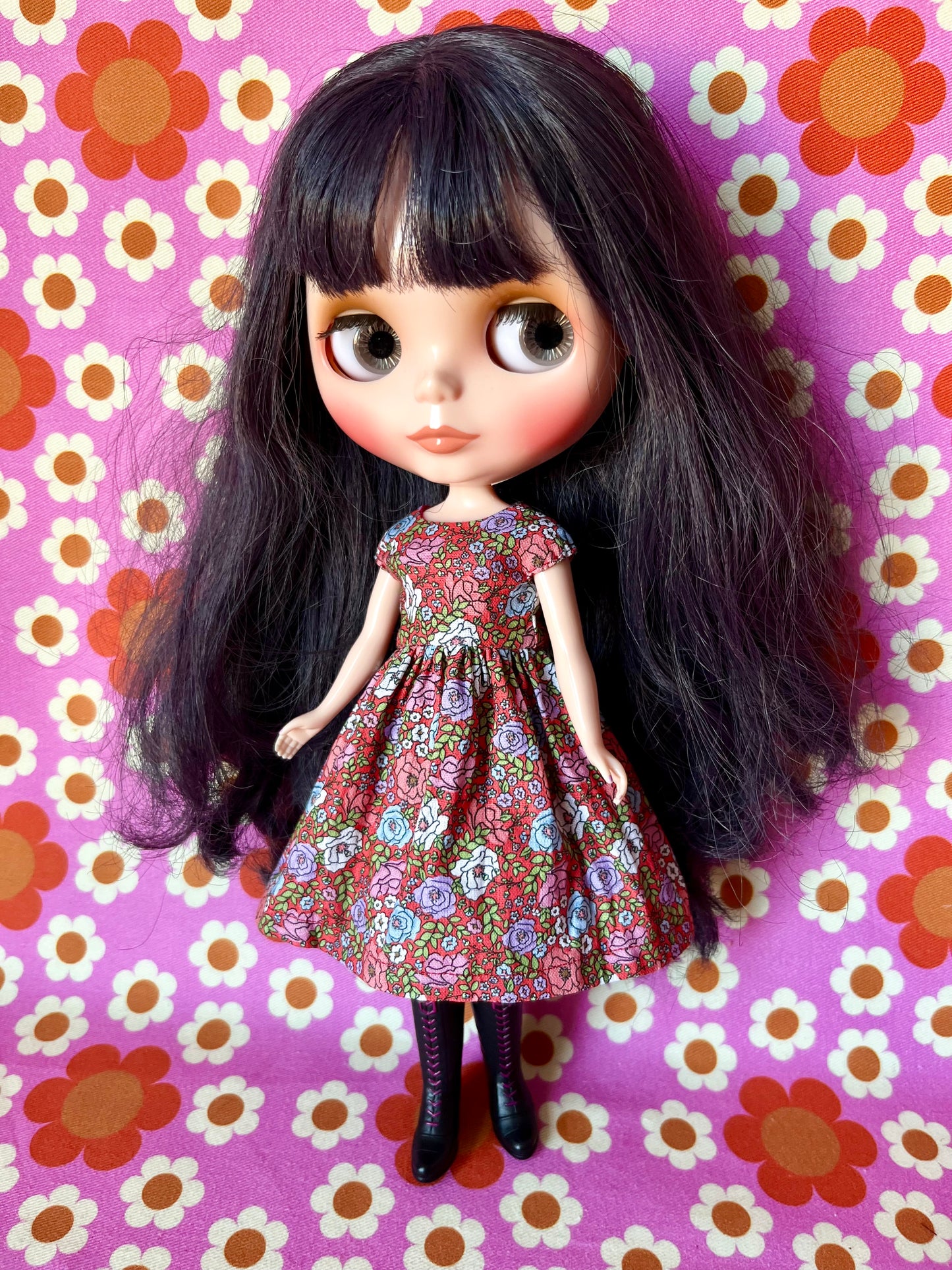 Red Ditsy Floral Valentine Cap Sleeve Dress for Blythe Doll