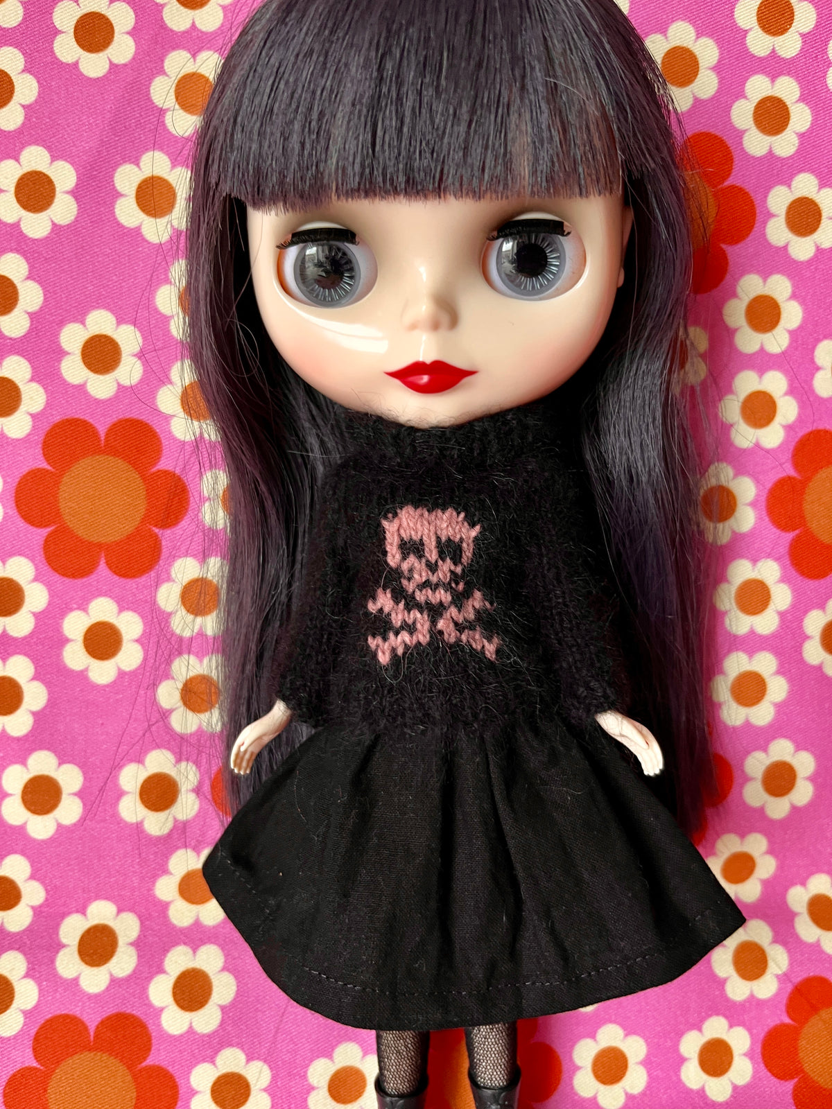 Halloween Fluffy Black Sweater Pink Skull