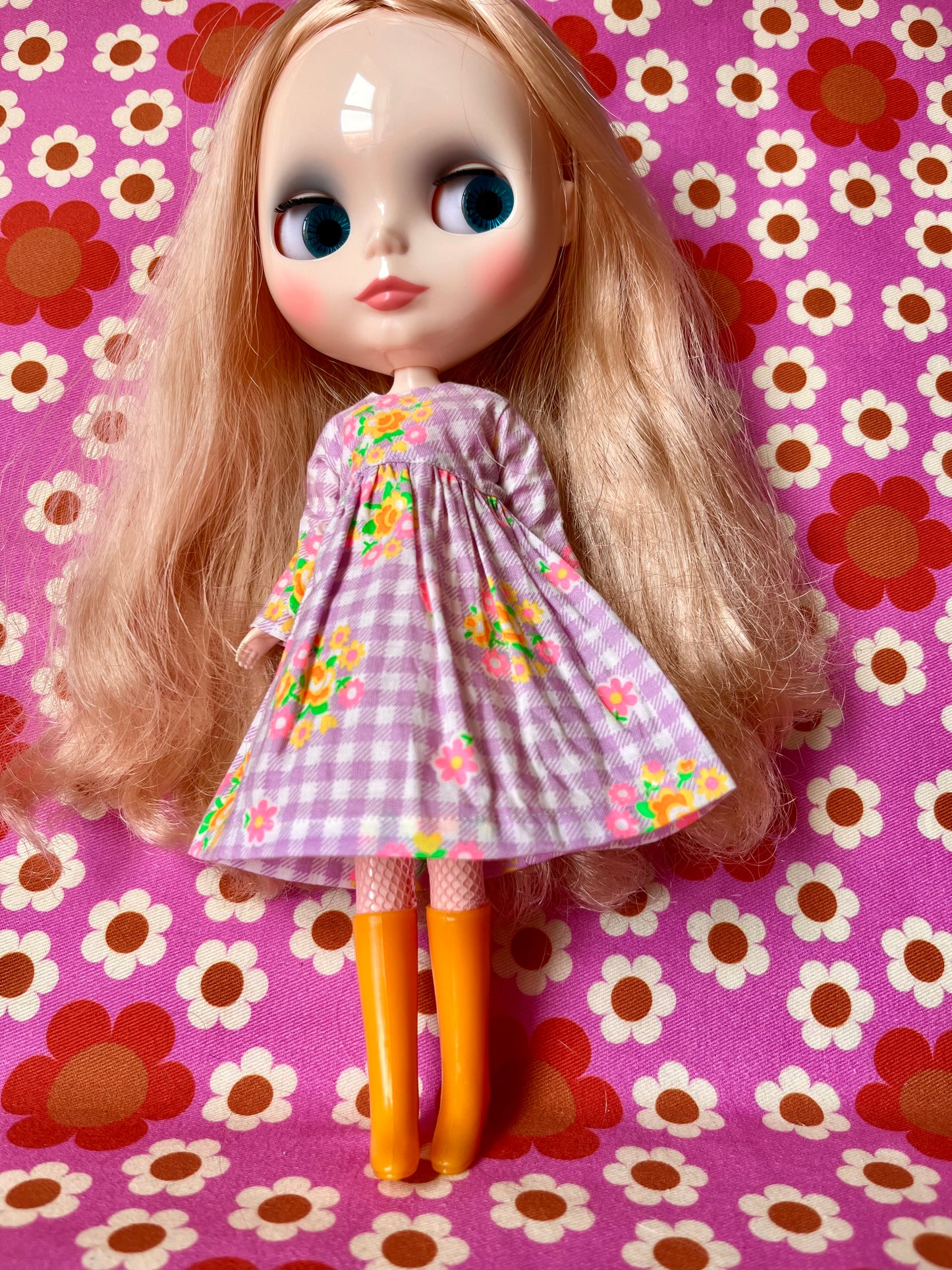 Purple Gingham Long Sleeve Dress for Blythe Doll