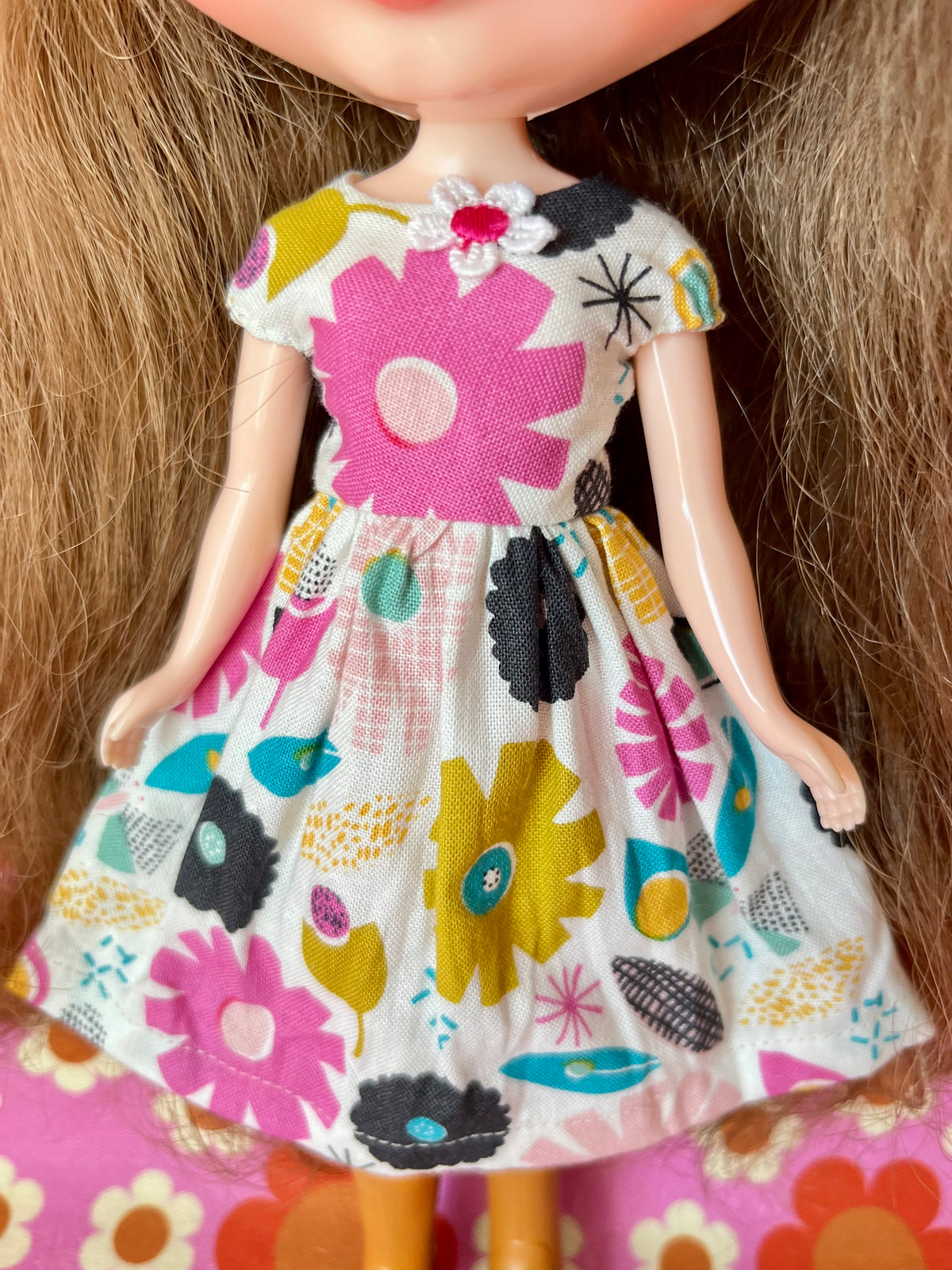 Mod Floral Daisy Summer Cap Sleeve Dress for Blythe Doll