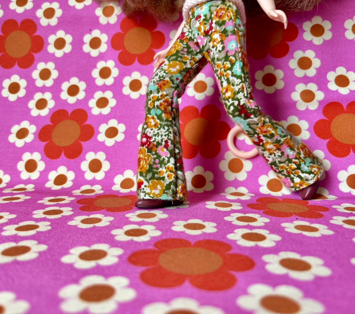 Green floral Flared Jeans Brushed Cotton Trousers for Blythe Doll