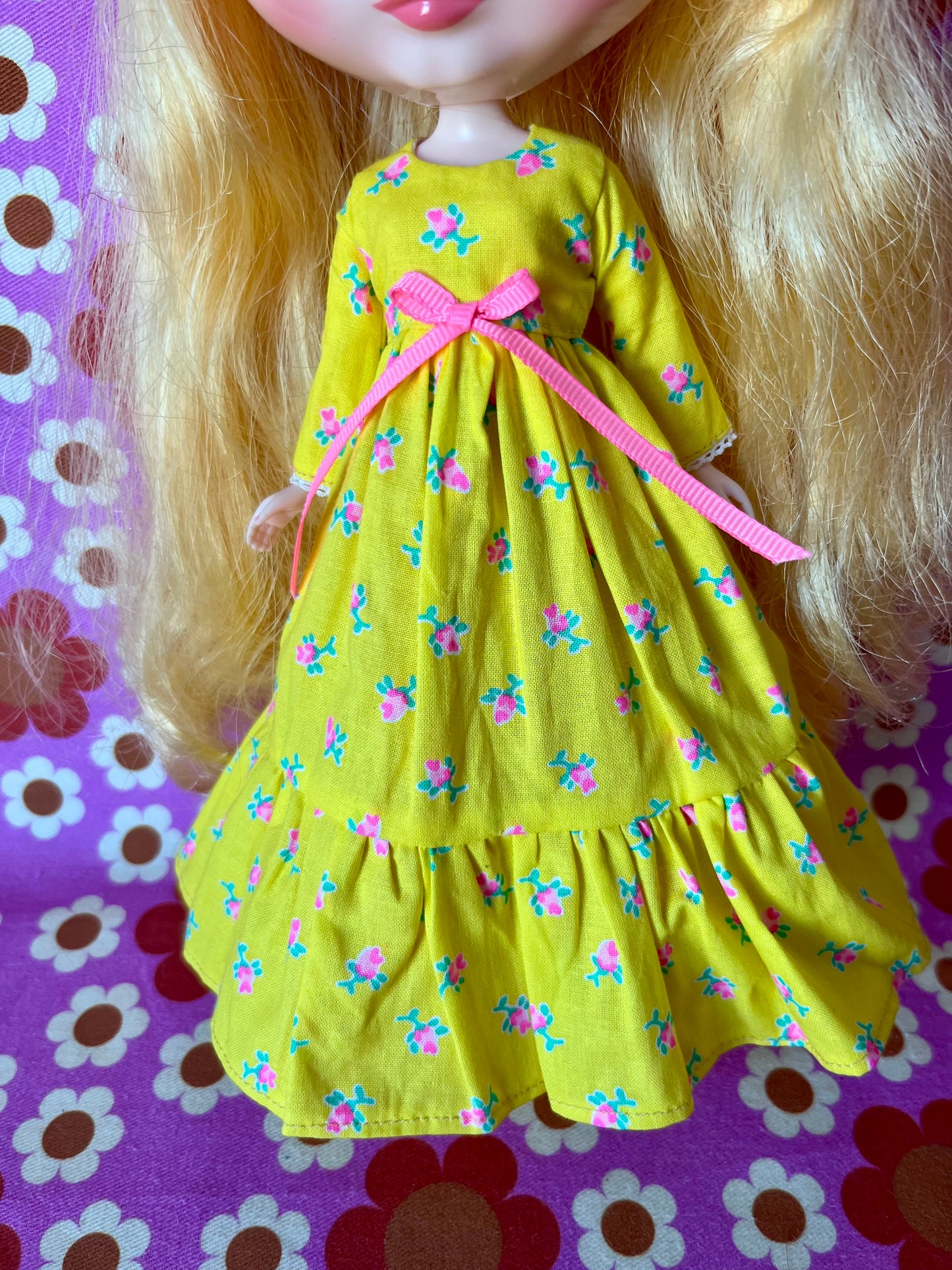 Long Neon Rosebud Print Dress for Blythe Doll